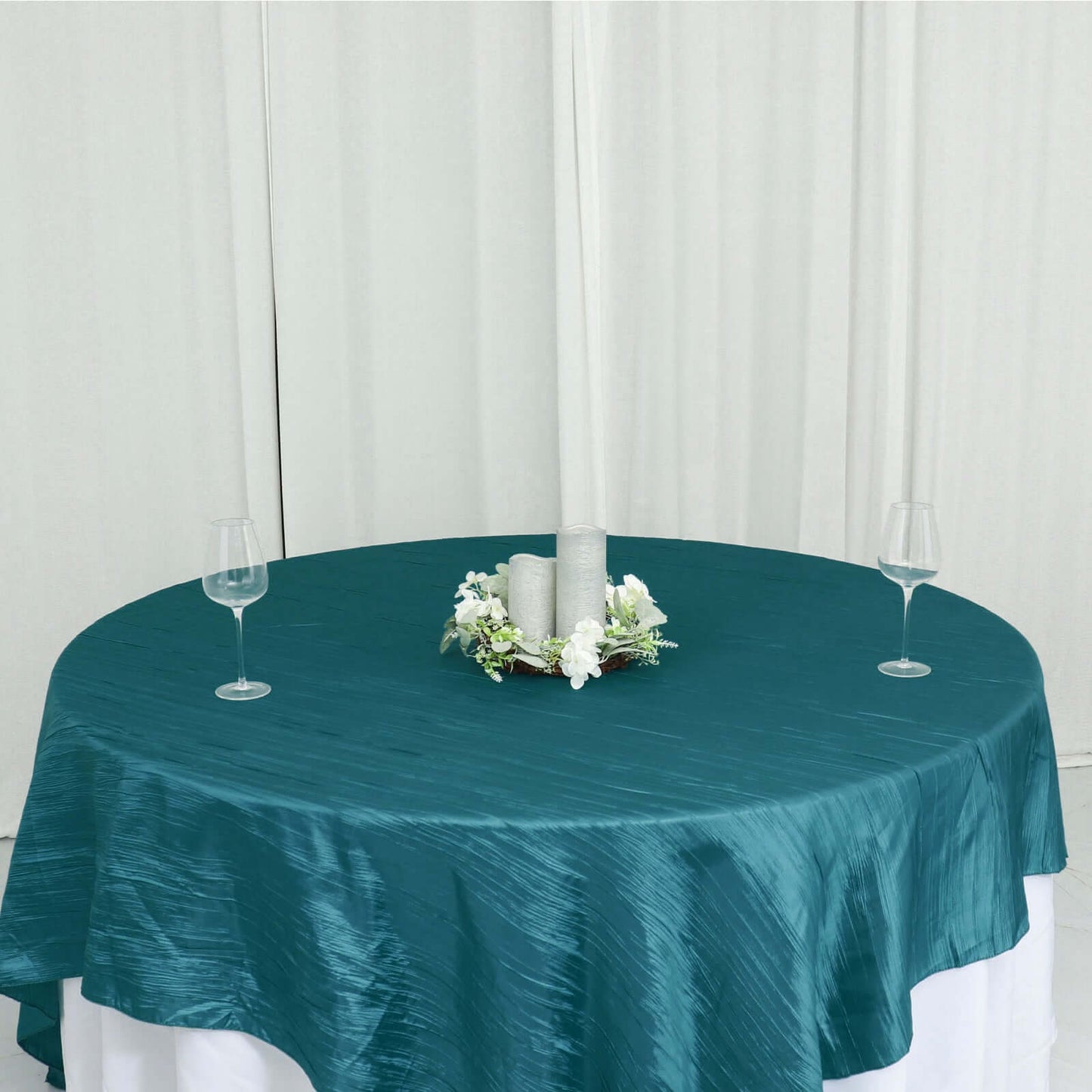 Taffeta 90"x90" Table Overlay Square Tablecloth Peacock Teal - Accordion Crinkle Table Cover
