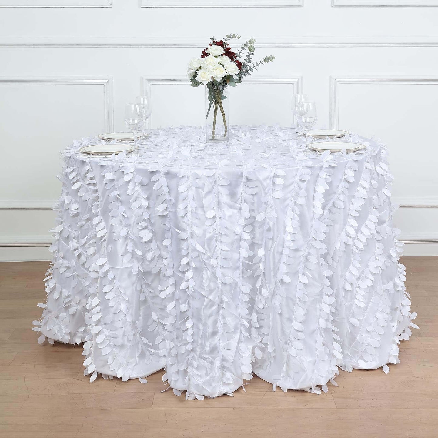 Taffeta 132" Round Tablecloth White 3D Leaf Petal Design Seamless Table Cover for Chic Wedding & Event Decor