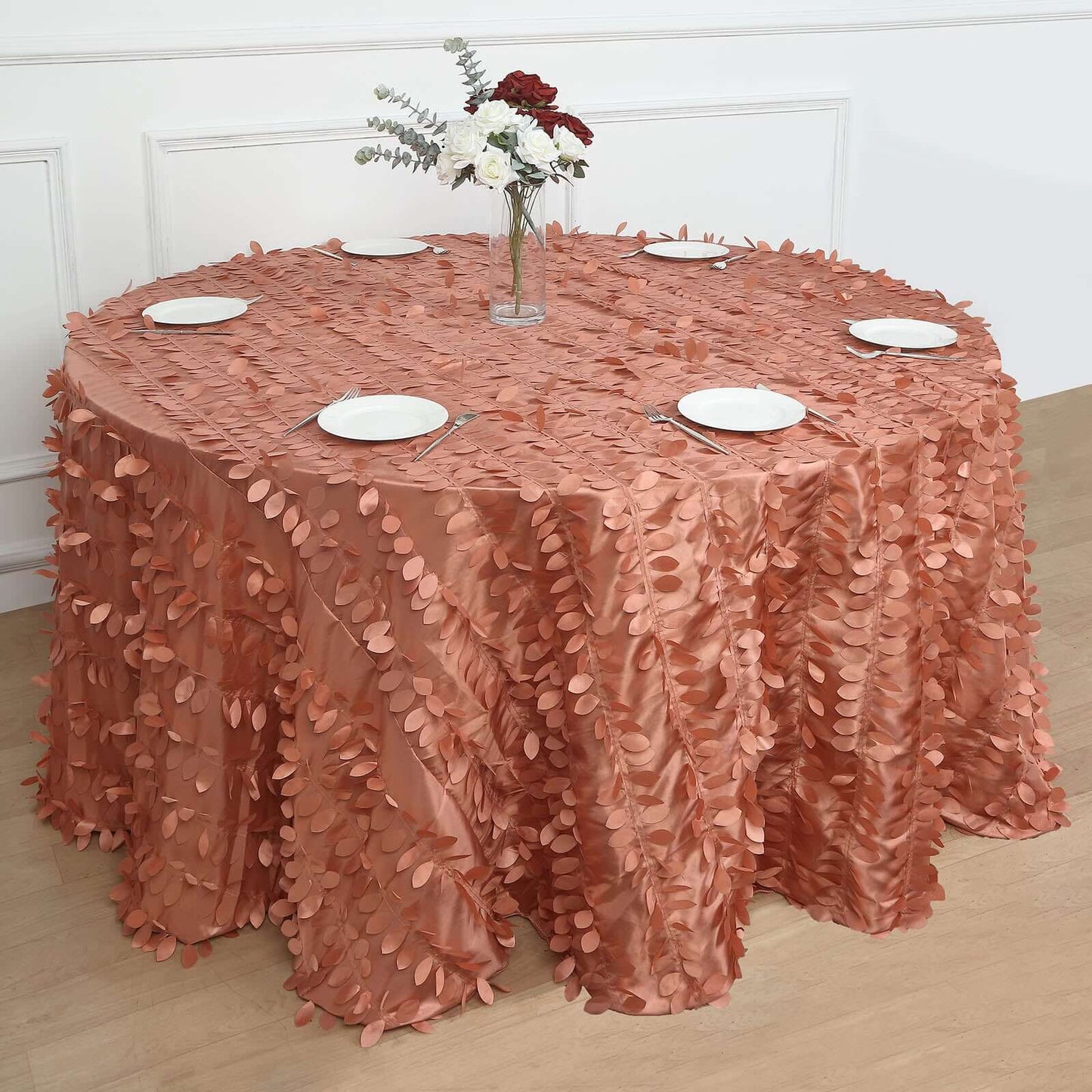 Taffeta 132" Round Tablecloth Terracotta (Rust) | 3D Leaf Petal Design Seamless Table Cover