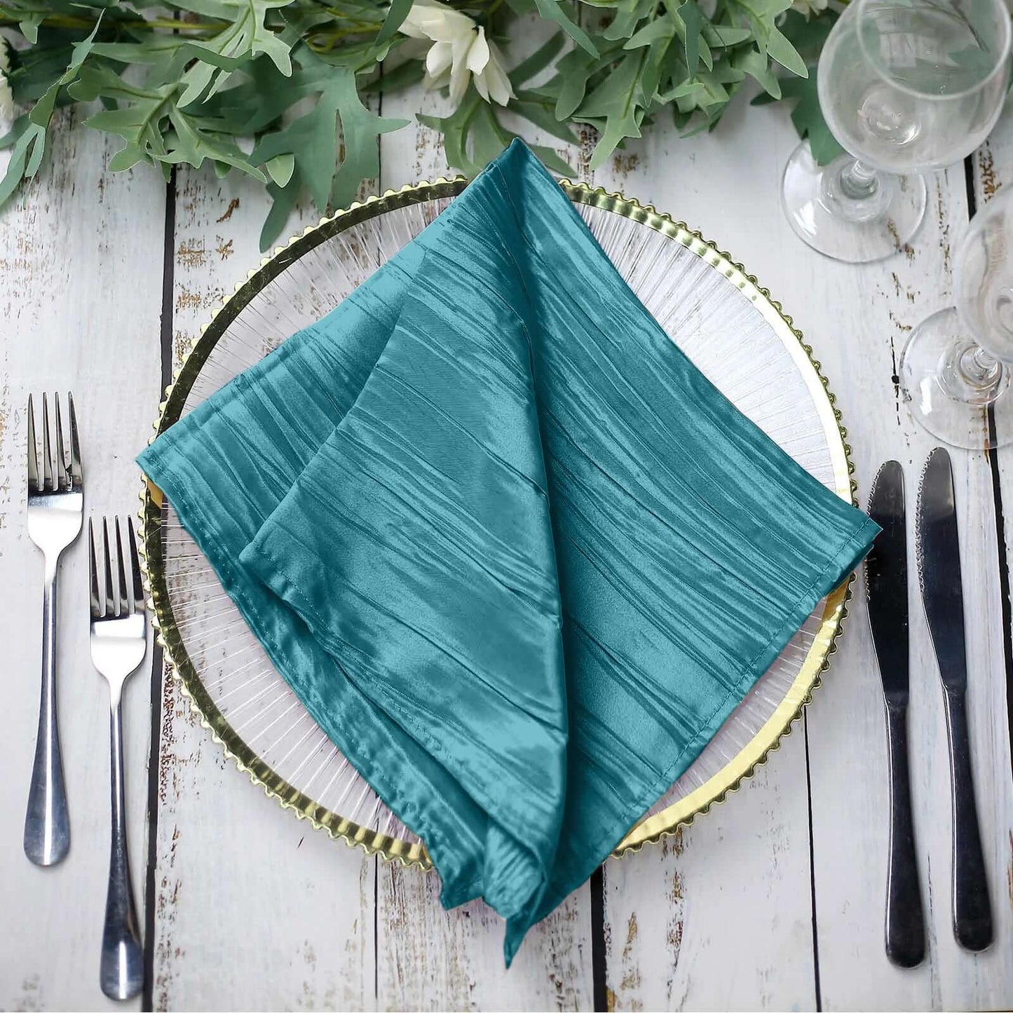 5 Pack Taffeta 20"x20" Napkins Peacock Teal - Accordion Crinkle Dinner Napkins