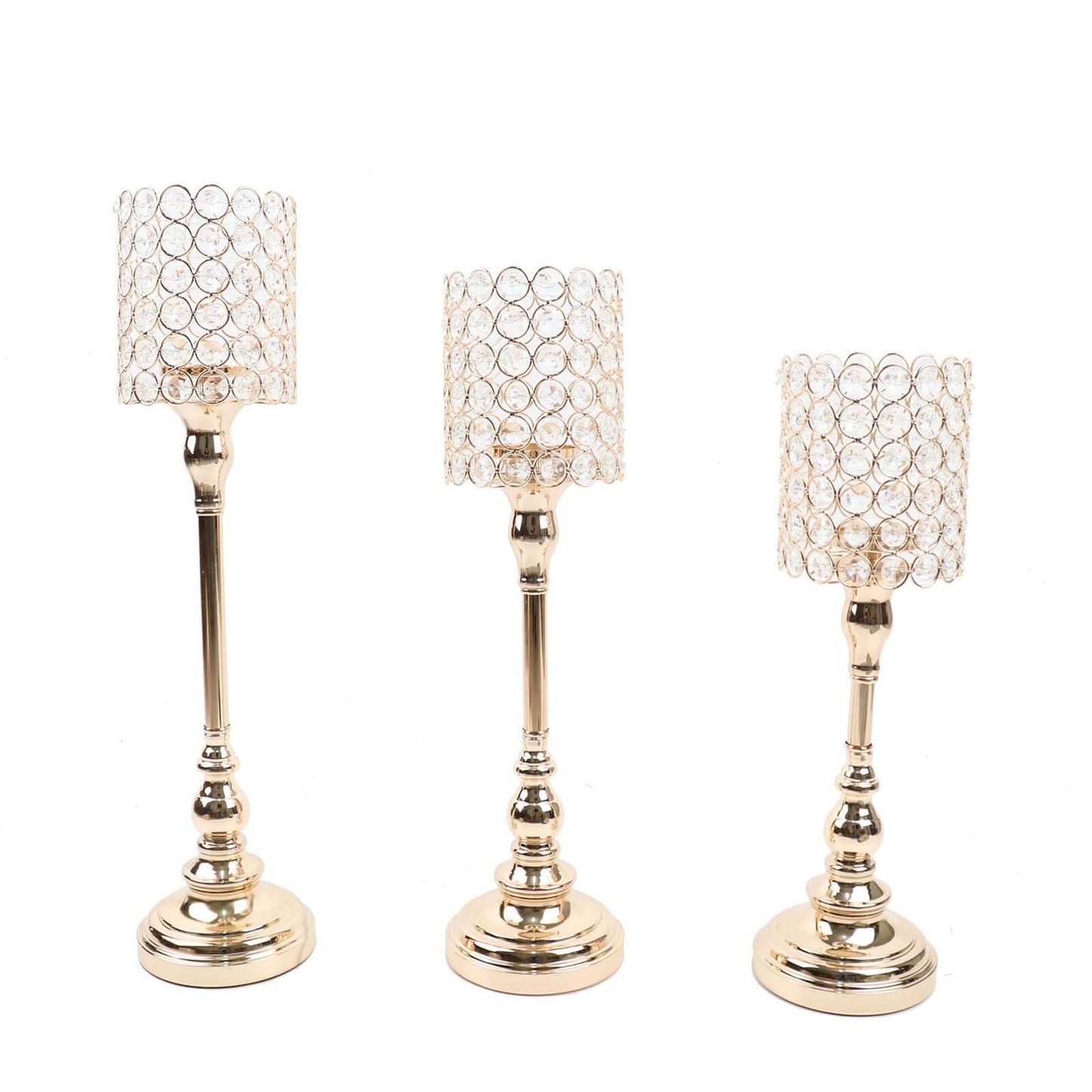 Set of 3 Crystal Beaded Goblet Votive Candle Holder Stands Gold - Tea Light Centerpiece 18", 16", 14"