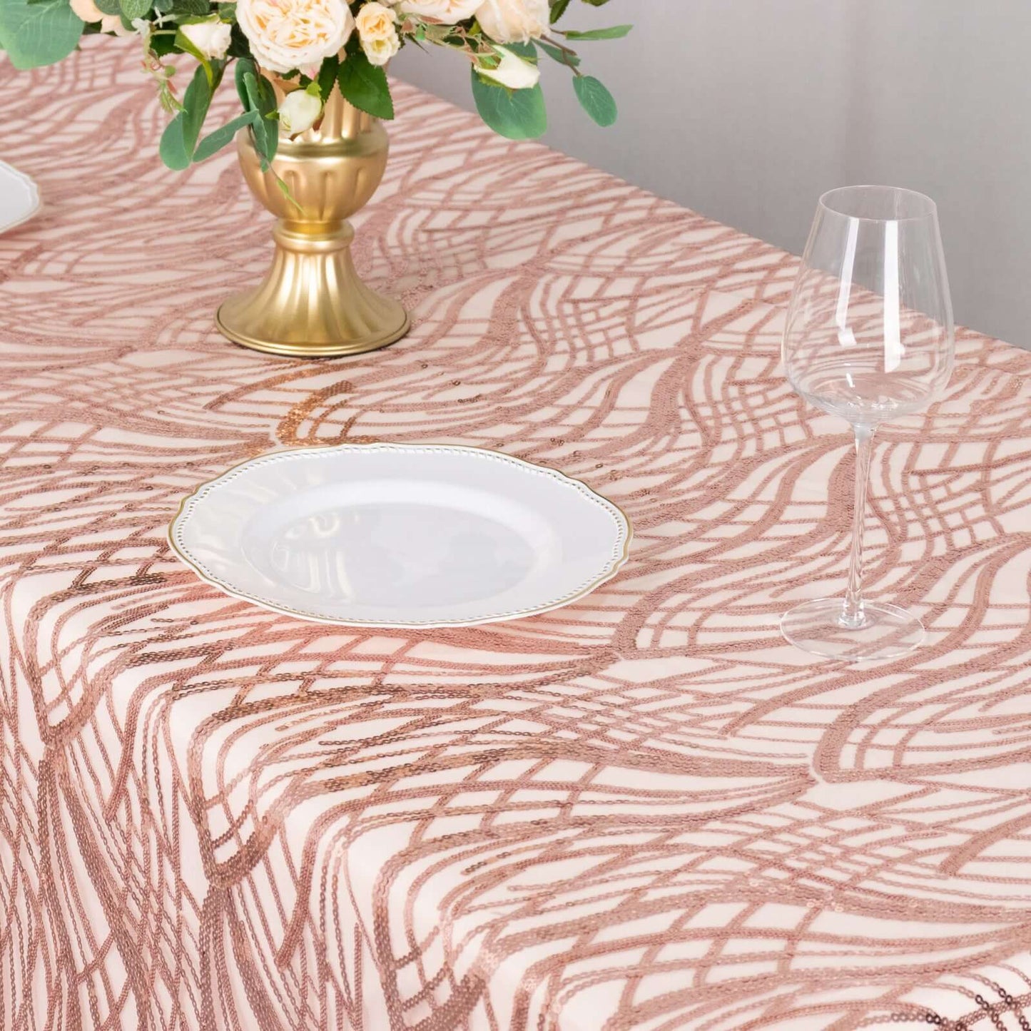 Mesh 90"x156" Rectangle Tablecloth Rose Gold - Wave Sequin Embroidered Table Cover