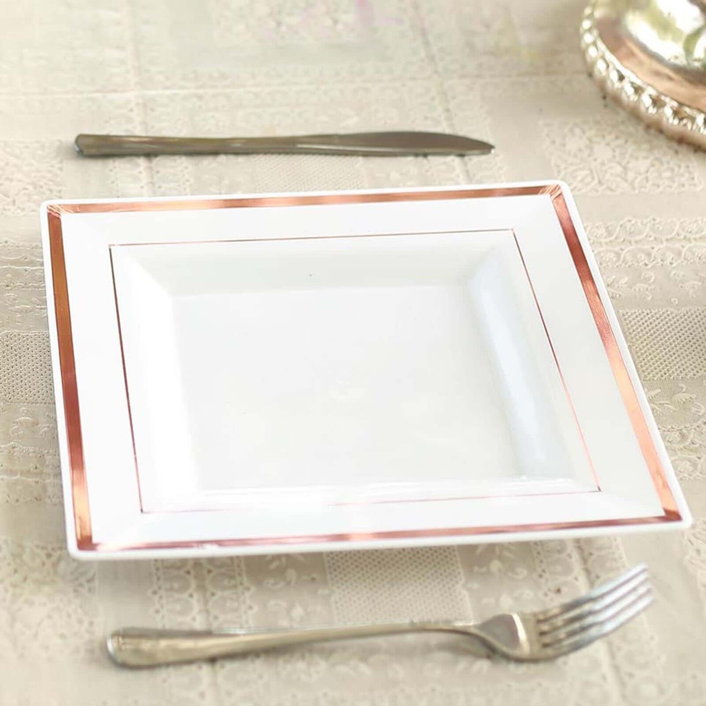 10-Pack Plastic Dinner Plates White Square with Rose Gold Trim - Lightweight Disposable Plates for Events 10"