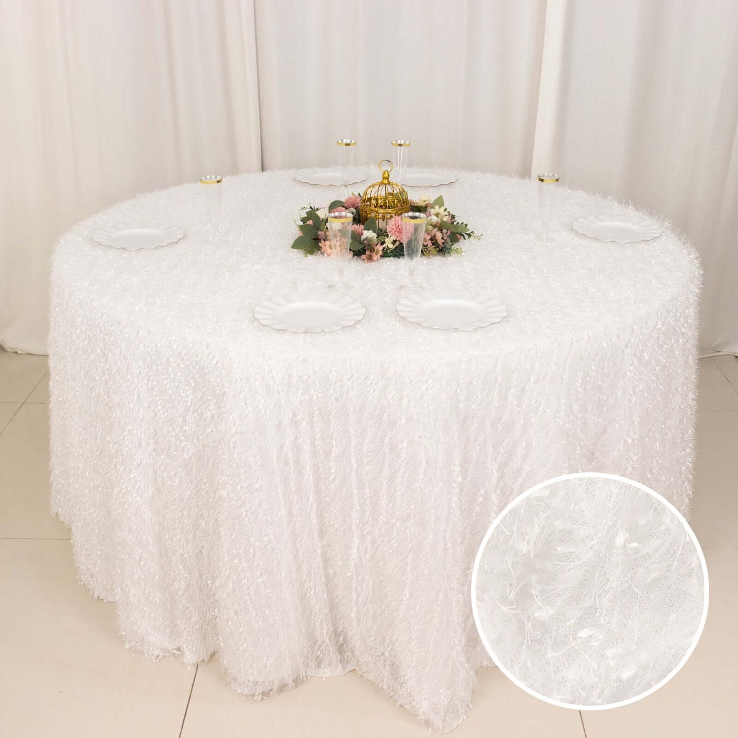 Polyester 120" Round Tablecloth White with Shaggy Fringe Design - Exquisite Table Cover