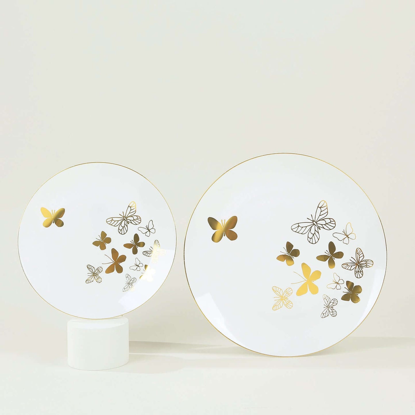 Set of 20 Plastic Round Dinner and Salad Plates in White with Gold Butterfly Design & Gold Rim - Stylish Disposable Dinnerware for Buffets & Catered Events 8", 10"