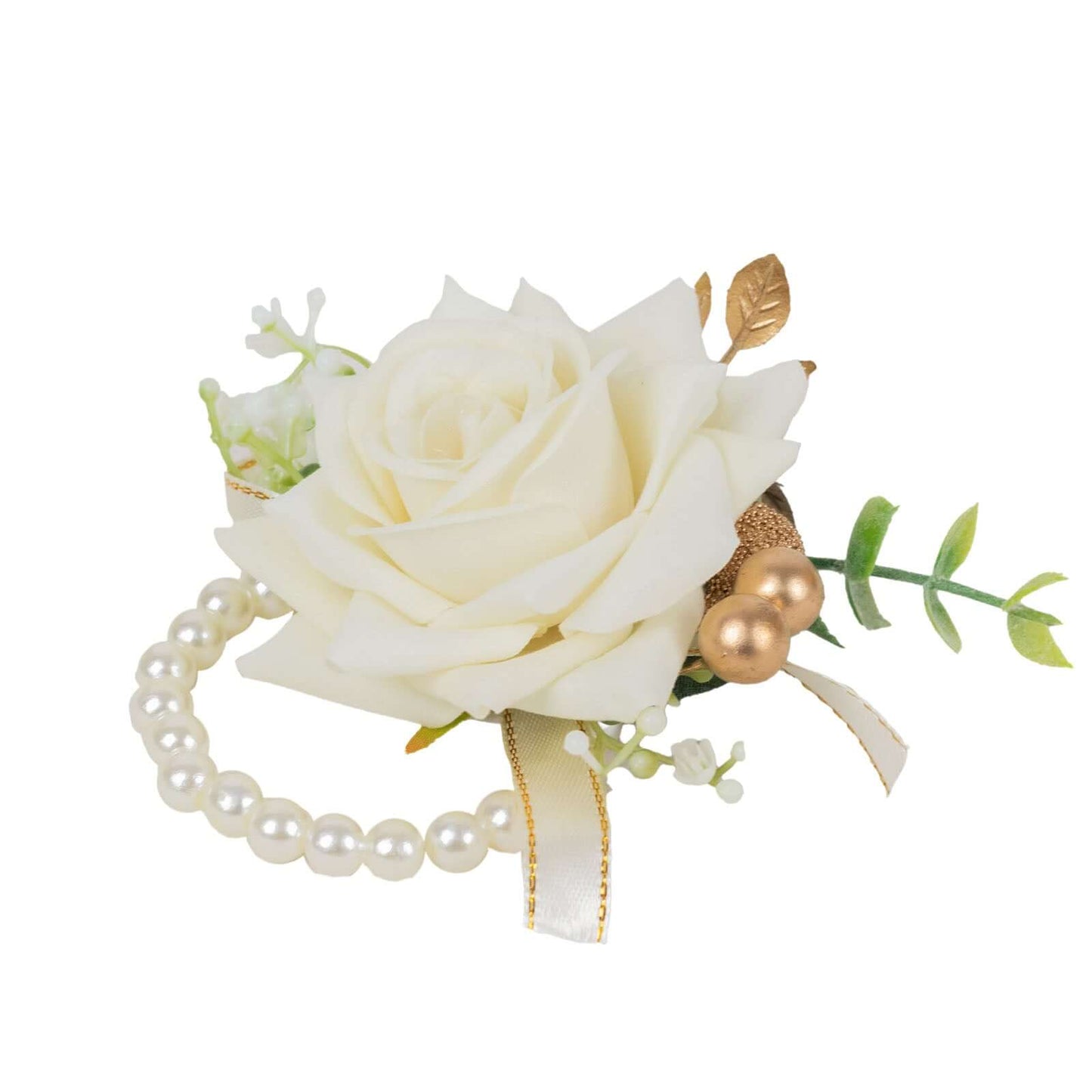 2 Pack White Artificial Rose Wrist Corsages With Pearls, 4" Flower Bracelet Wedding Accessories