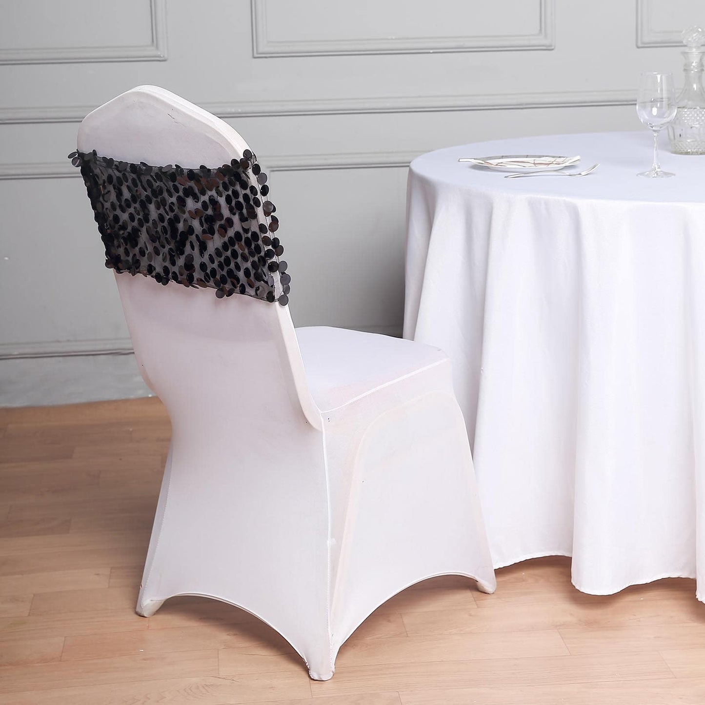 5 Pack Big Payette Sequin 13"x10" Chair Sash Bands Black - Stylish Glittering Decor for Weddings & Gatherings