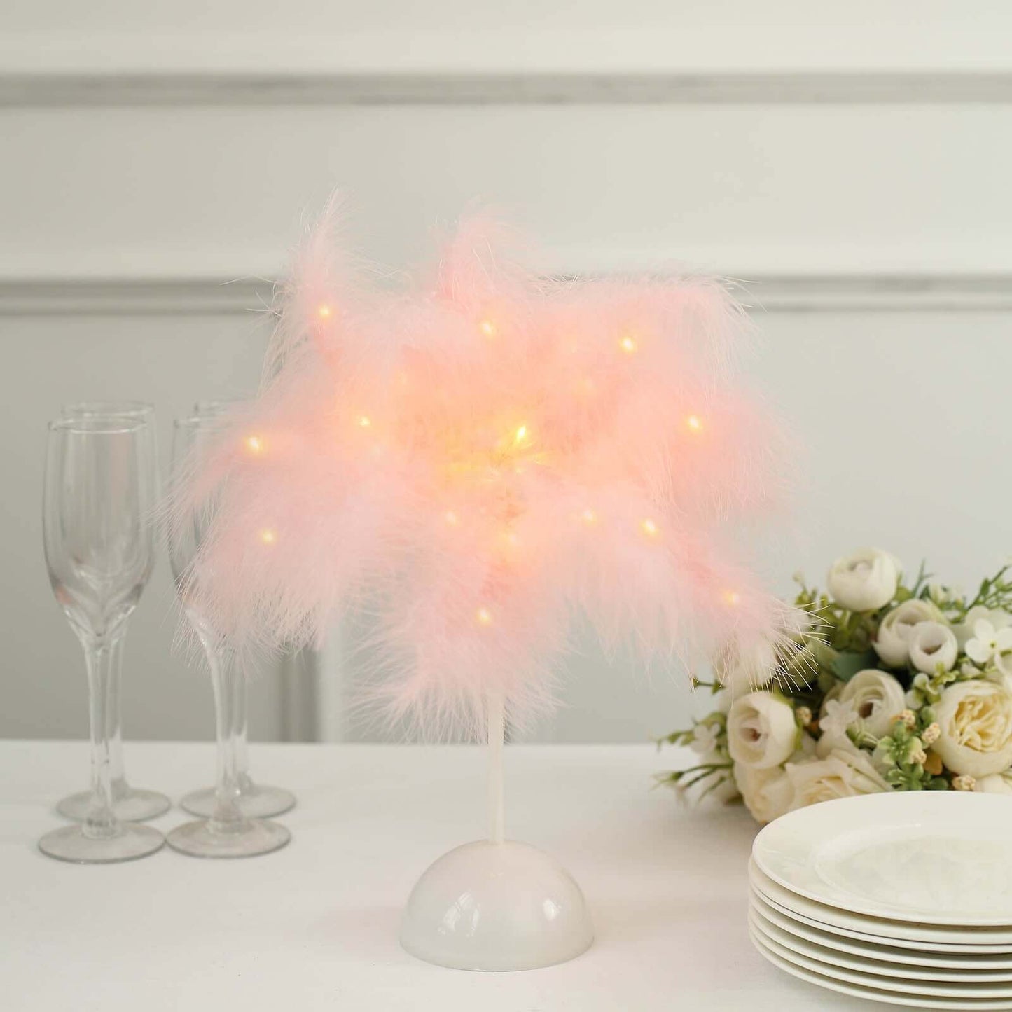 Table Lamp Feather Design Blush LED Battery Operated - Cordless Wedding Centerpiece 15"