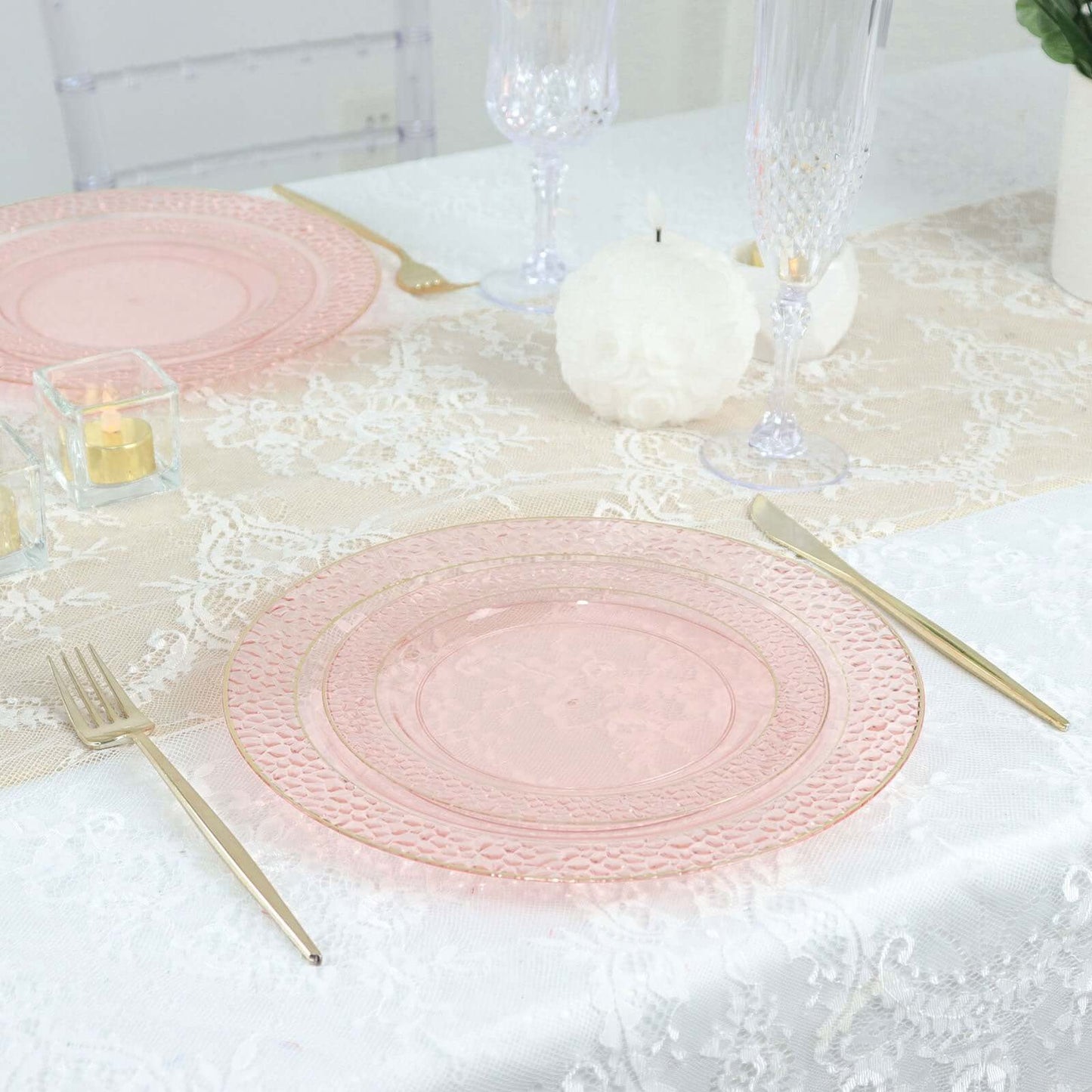 10-Pack Plastic 7.5" Round Appetizer Plates in Blush Hammered Design with Gold Rim - Disposable Salad Plates for Chic Banquets & Special Occasions