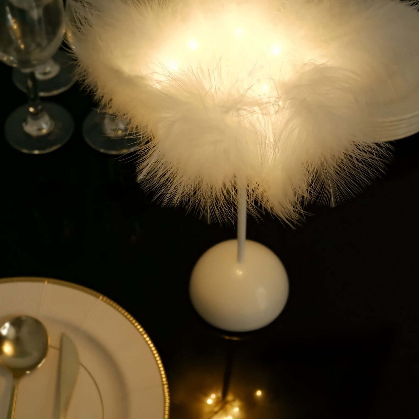 Table Lamp Feather Design White LED Battery Operated - Cordless Wedding Centerpiece 15"