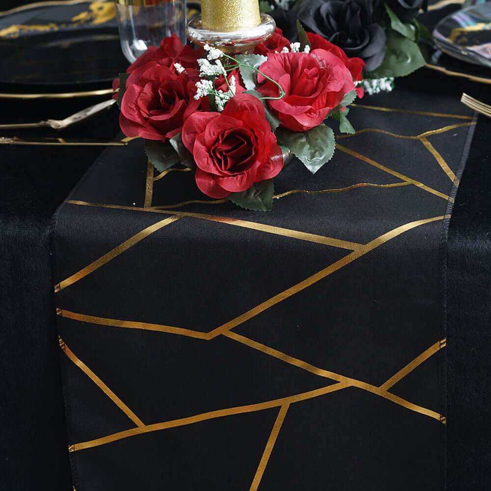 Polyester 9ft Table Runner Black with Gold Foil Modern Geometric Accent