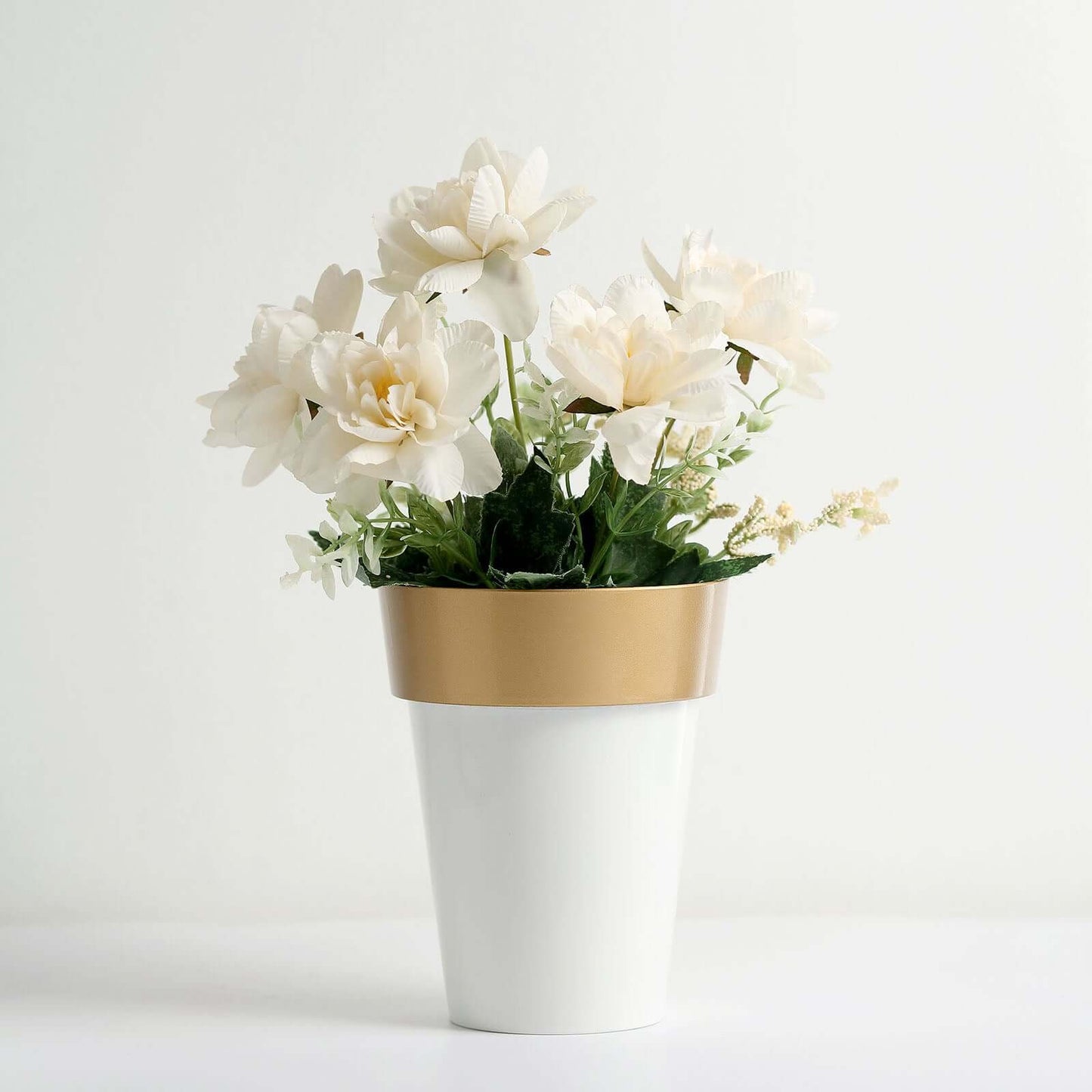2-Pack Flower Plant Pots Medium Design White with Gold Rim - Plastic Indoor Decorative Planters 6"
