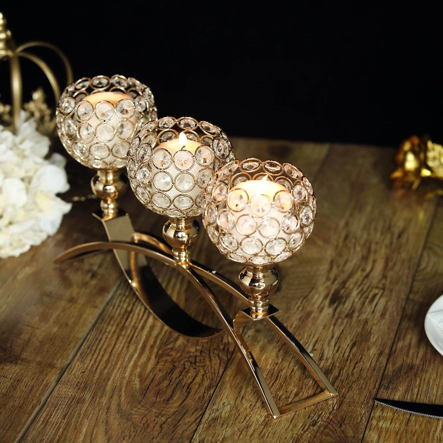 3-Arm Arch Bridge Candelabra Gold with Crystal Beads - Chic Table Centerpiece for Events 16"