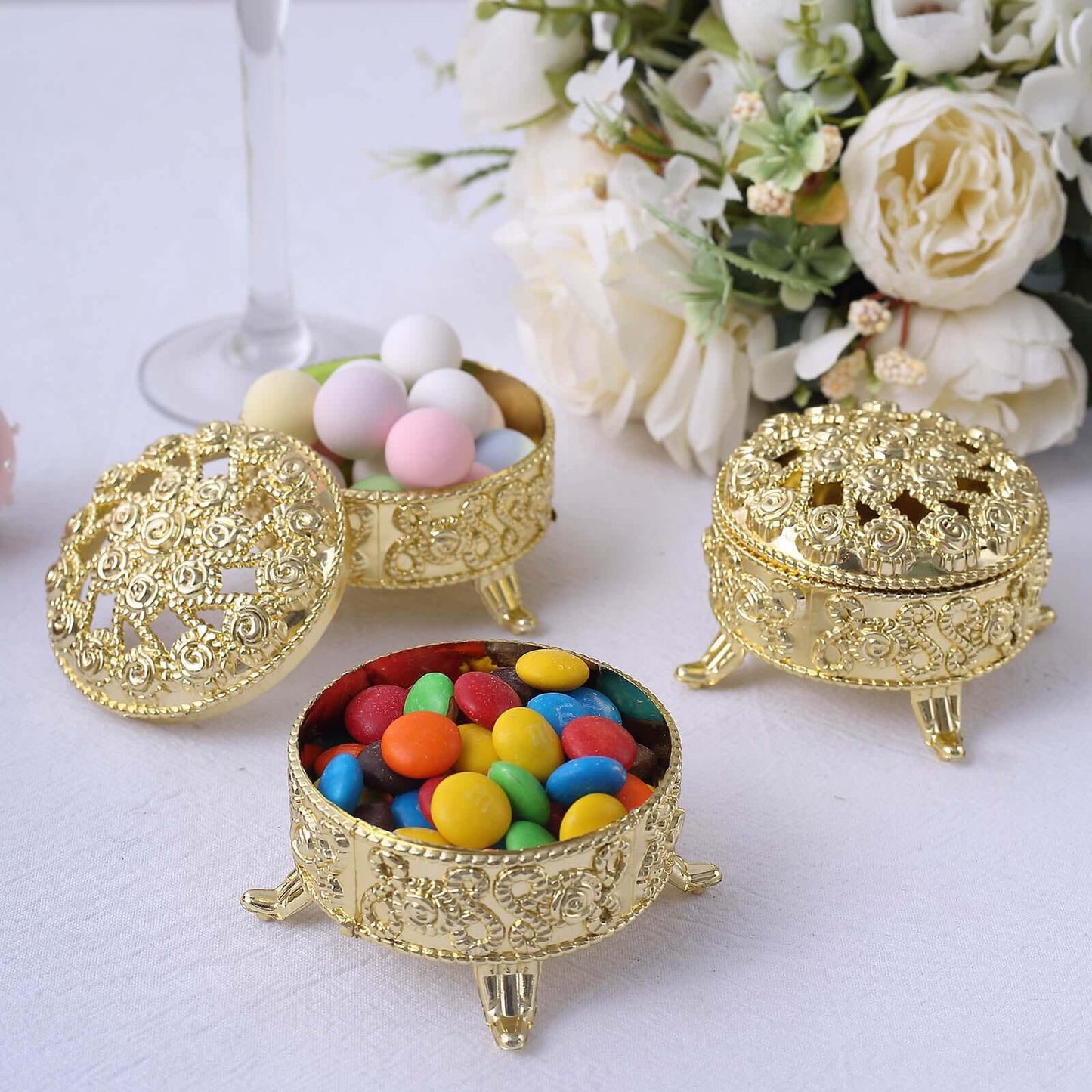 12-Pack Plastic Fillable Mini Candy Container in Vintage Ornate Round Box Style Metallic Gold - Candy Treat Favor Boxes 2.5"