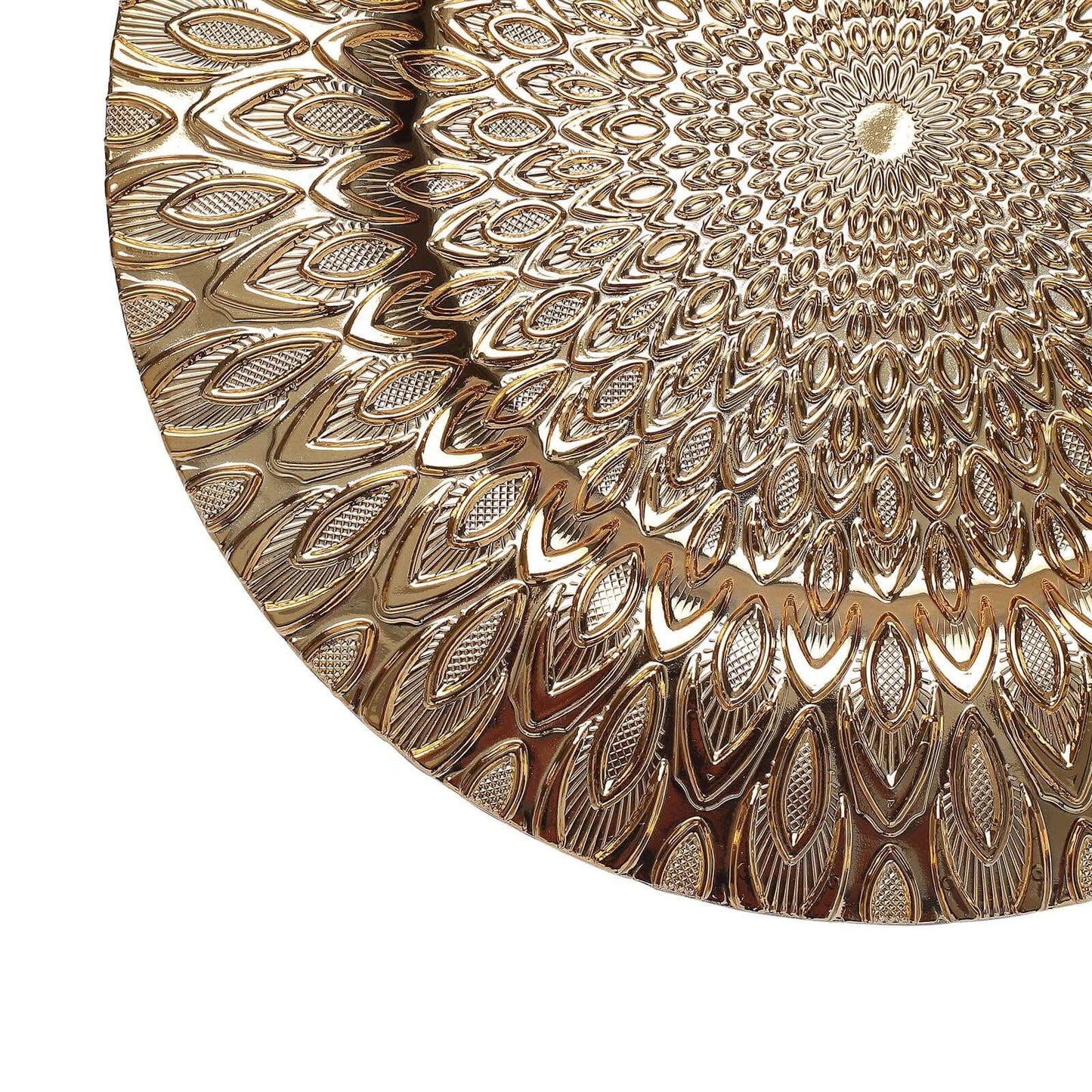 6-Pack Plastic Round Charger Plates 13" in Gold with Embossed Peacock Pattern, Stylish Disposable Charger Tableware