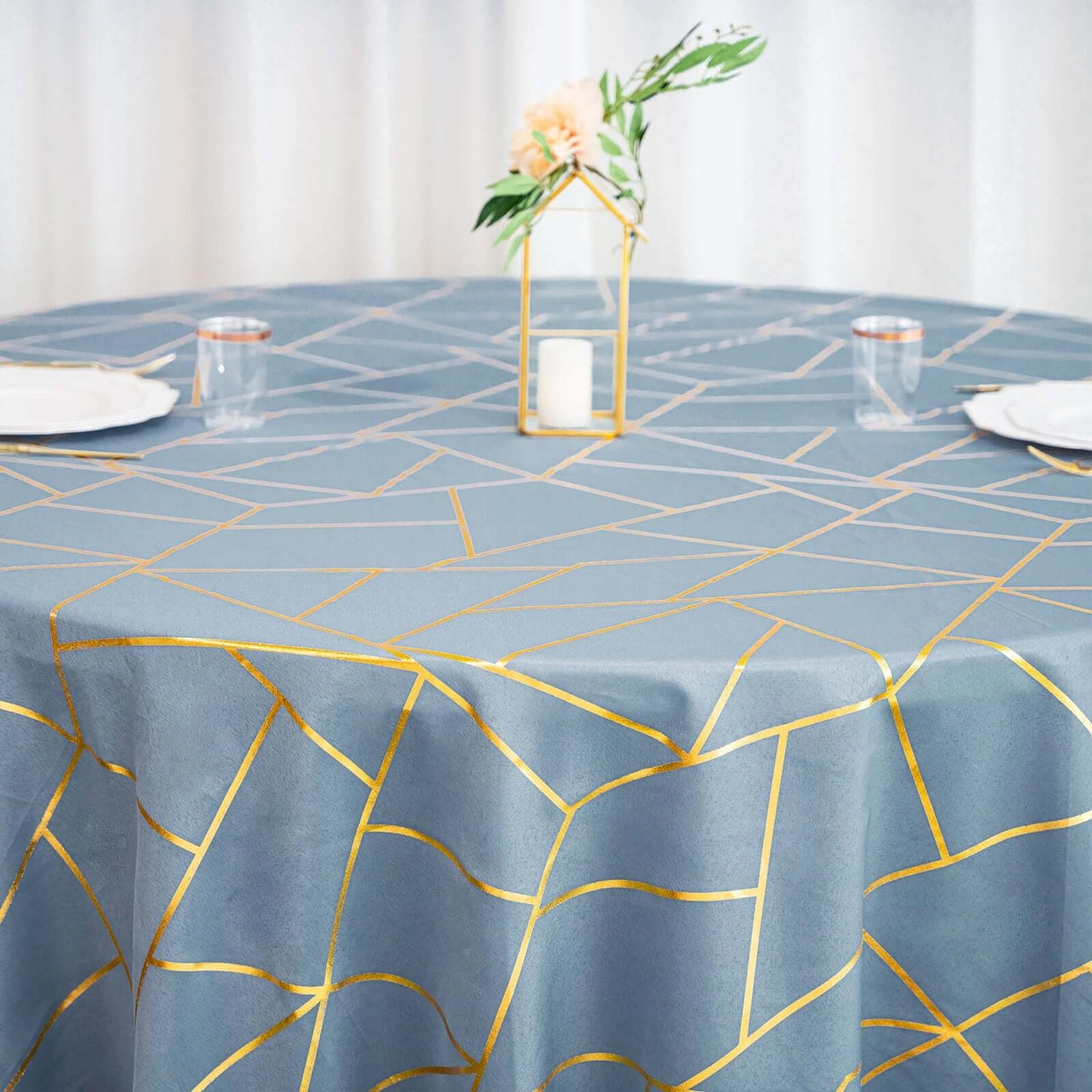 Polyester 120" Round Tablecloth Dusty Blue with Gold Foil Geometric Pattern Wrinkle-Resistant Seamless Table Cover