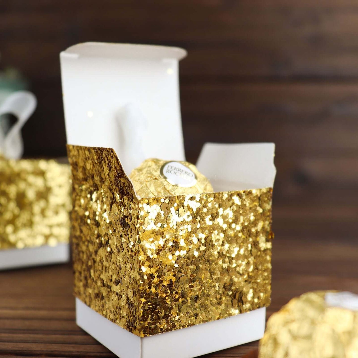 25 Pack 2" Gold Sequin Glitter Party Favor Boxes With White Ribbon Loop, Wedding Favor Gift Boxes, Candy Cases