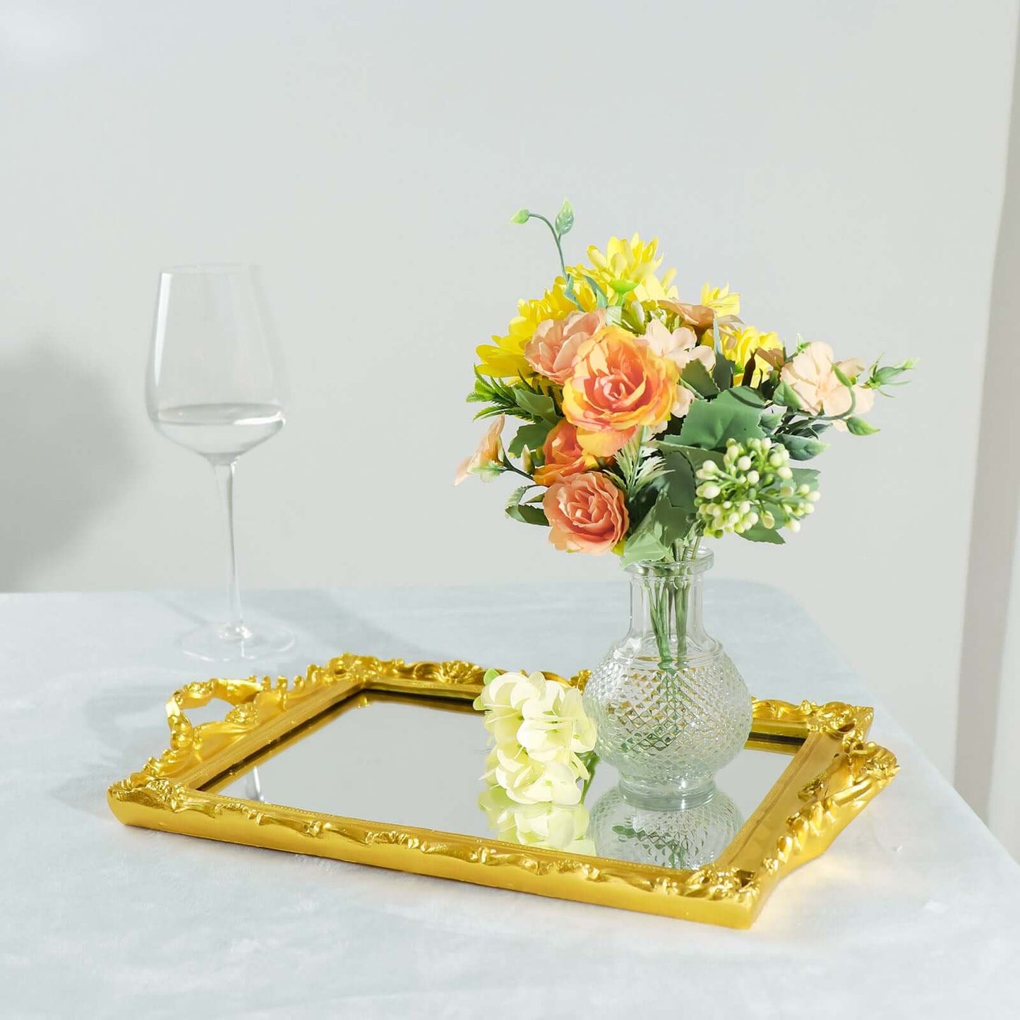Resin Mirrored Rectangle Serving Tray 15"x10" in Metallic Gold with Baroque Design, Stylish Decorative Vanity Tray Centerpiece