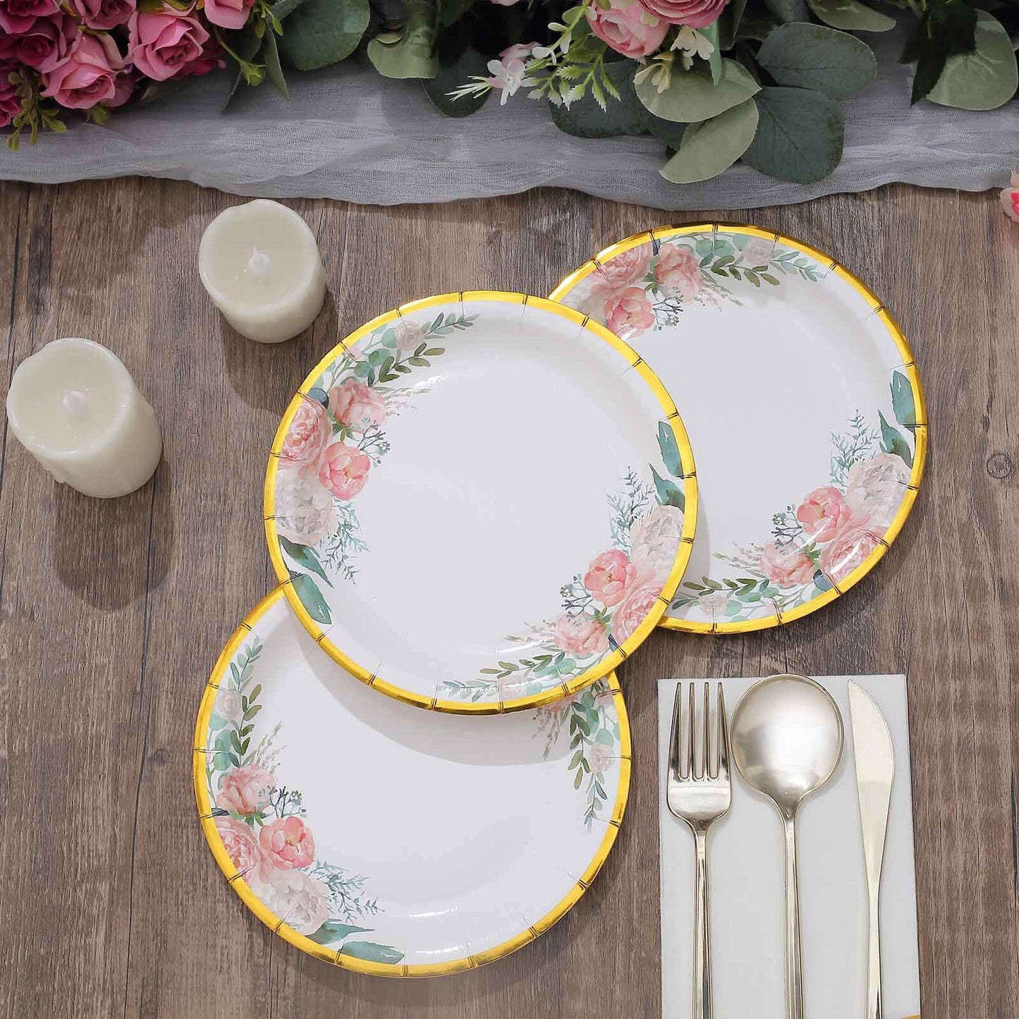 25-Pack Paper 7" Round Dessert Plates in White with Peony Floral Design & Gold Rim - Disposable Floral Salad Appetizer Plates for Brunches & Afternoon Teas