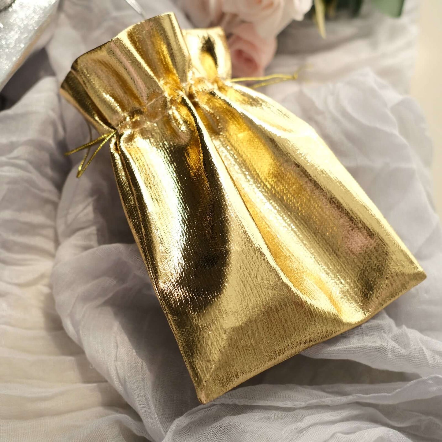 10 Pack Metallic Gold Lame Polyester 5"x7" Party Favor Gift Bags, Shiny Fabric Drawstring Candy Pouch