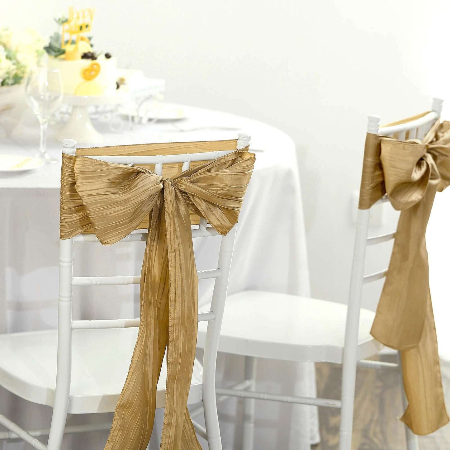 5 Pack Taffeta 6"x106" Chair Sashes Gold Accordion Crinkle Texture - Stylish Decor for Weddings & Gatherings