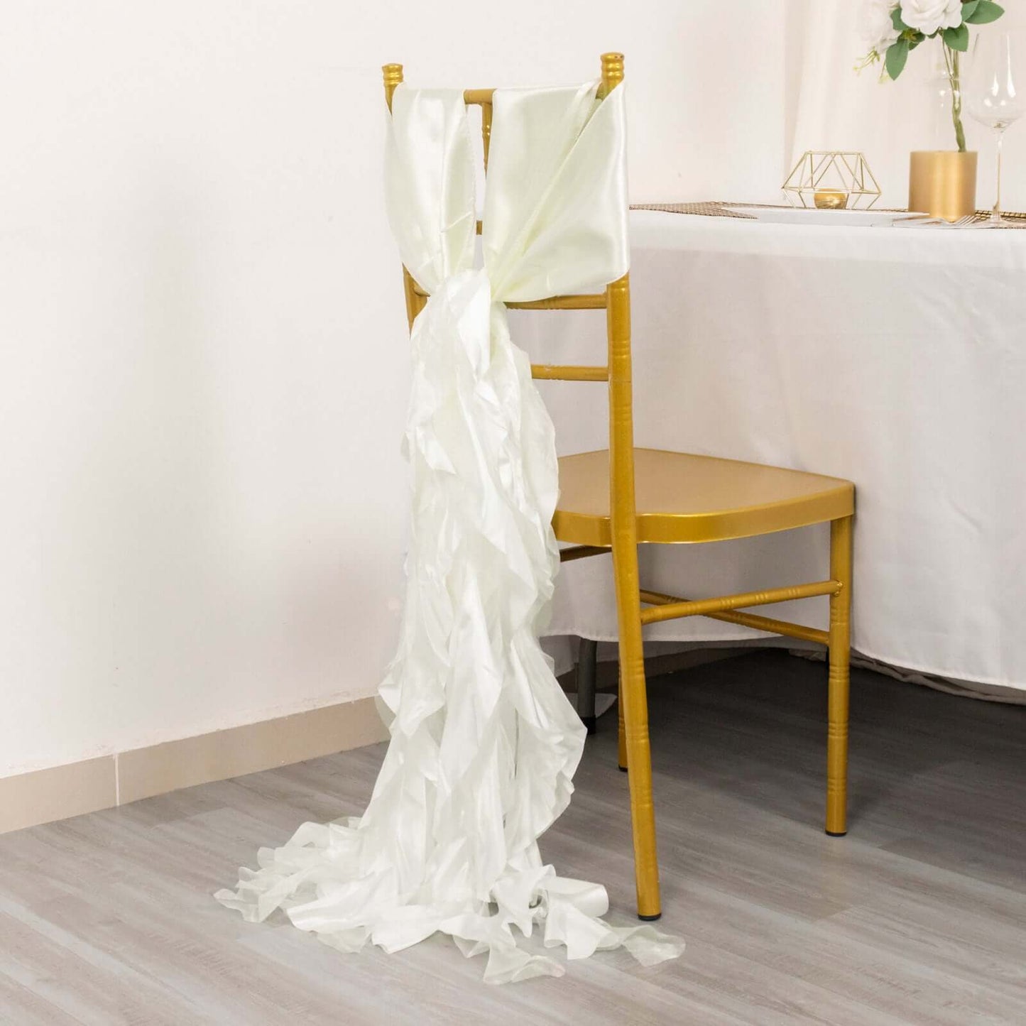 5 Pack Chiffon Satin Chair Sashes Ivory - Easy to Install Ruffled Curly Willow