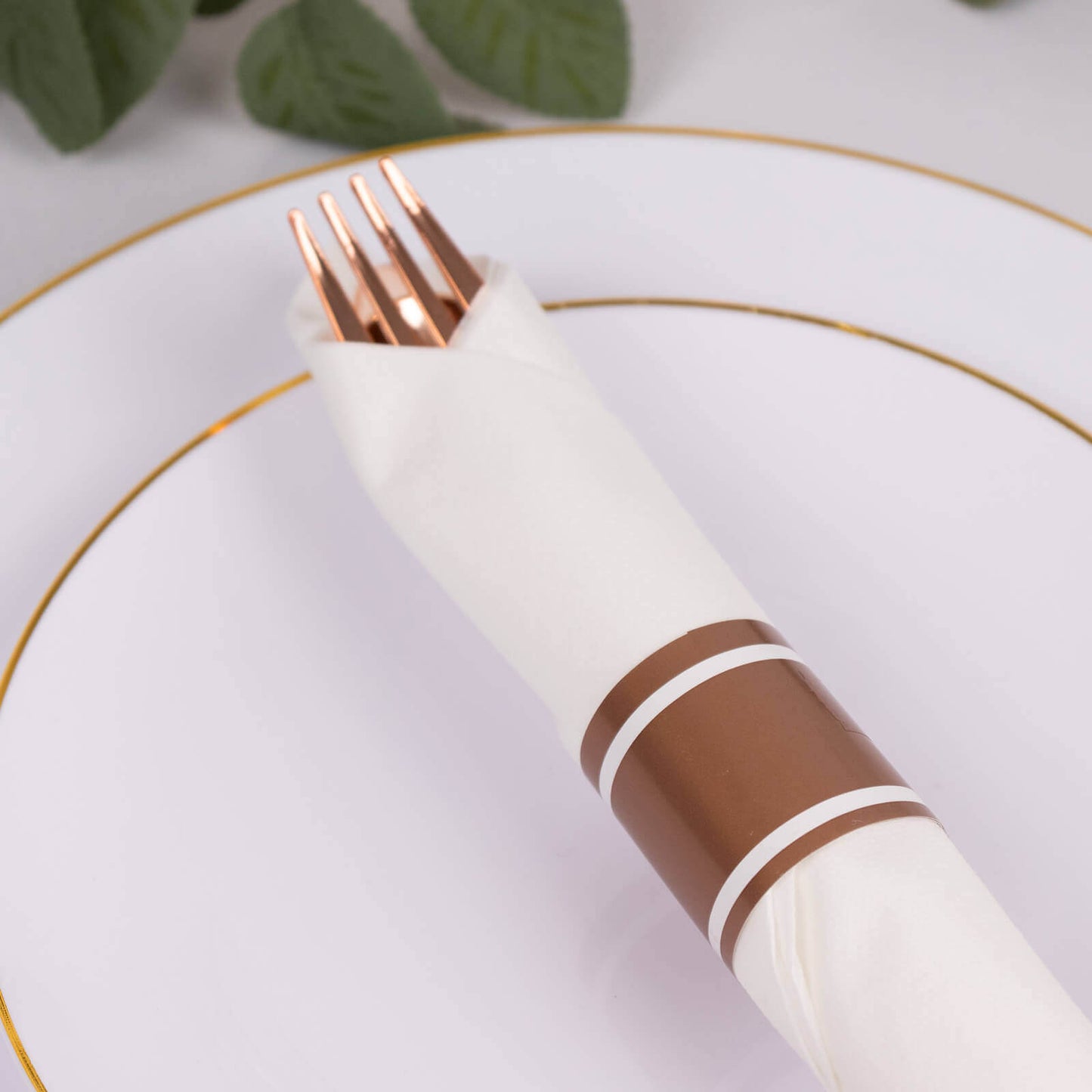 Set of 24 Rose Gold Plastic Silverware with Pre-Rolled White Paper Napkins - Disposable Wrapped Fork, Spoon, and Knife Set
