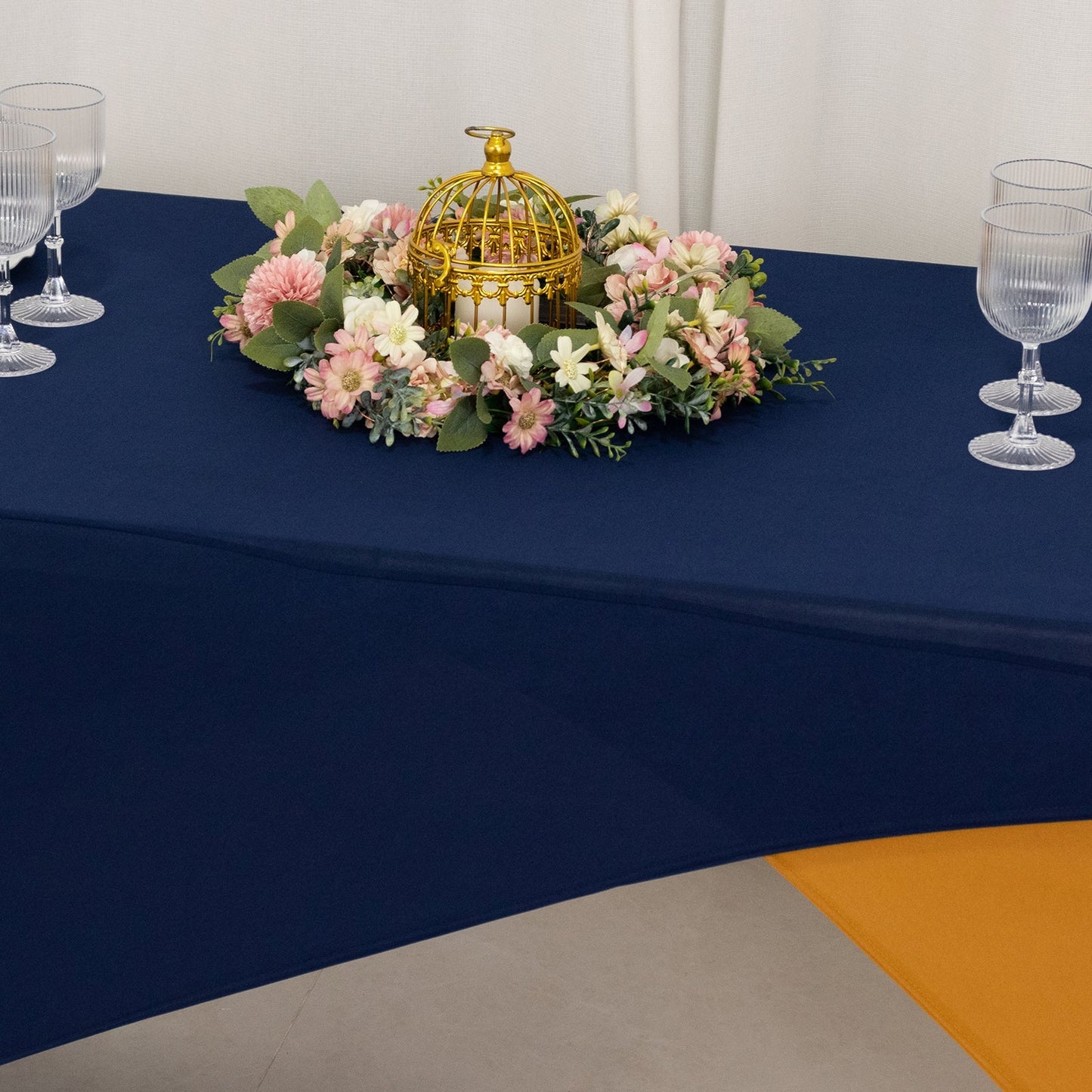 Stretch Spandex 72"x30" Rectangle Table Cover Navy Blue/Gold Cross Over Design - Two-Piece Fitted Tablecloth with Elastic Foot Pockets
