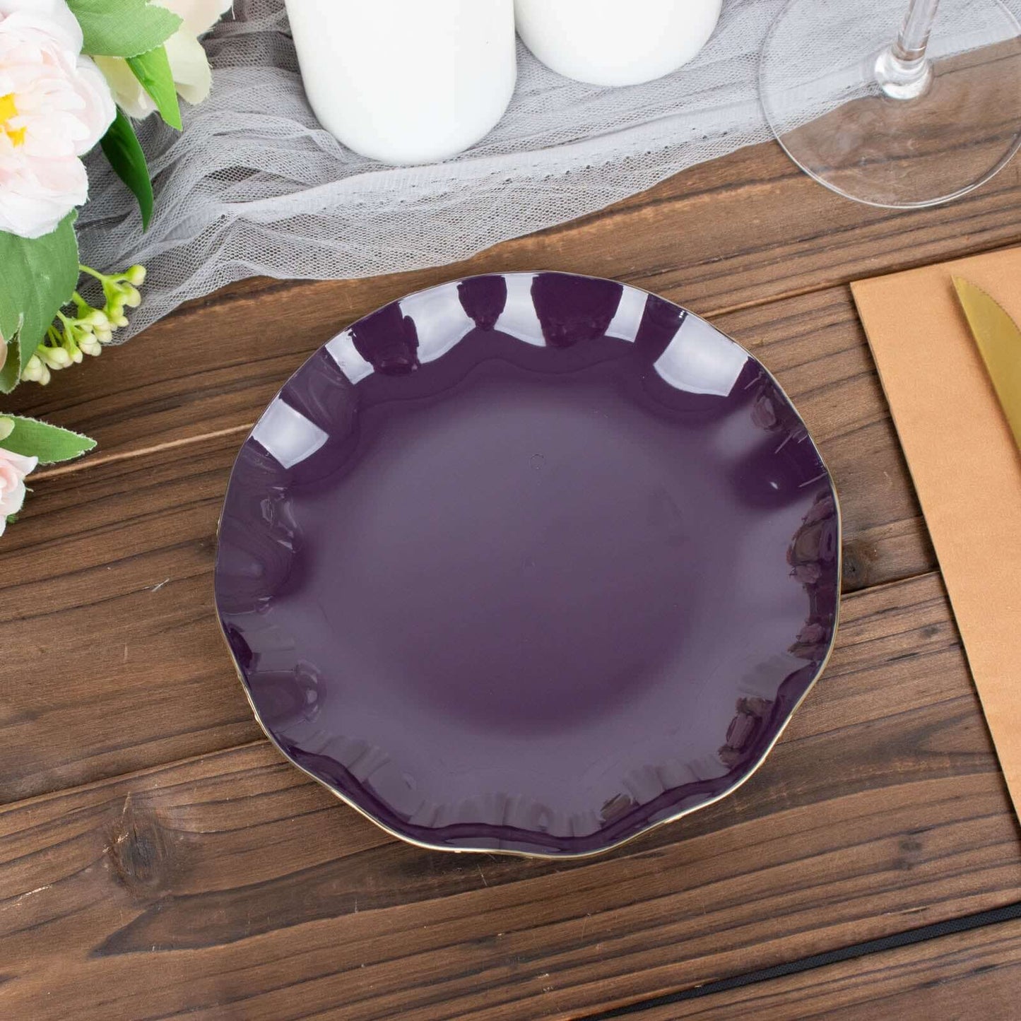 10-Pack Plastic Round 6" Dessert Plates in Purple Ruffled Rim with Gold Edging - Sturdy Disposable Salad Appetizer Dinnerware
