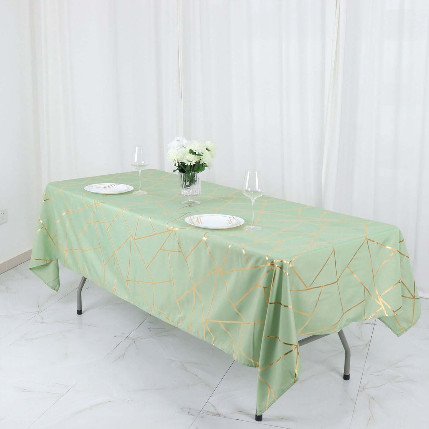 Polyester 60"x102" Rectangle Tablecloth Sage Green with Gold Foil Geometric Pattern - Wrinkle-Resistant & Durable Table Cover