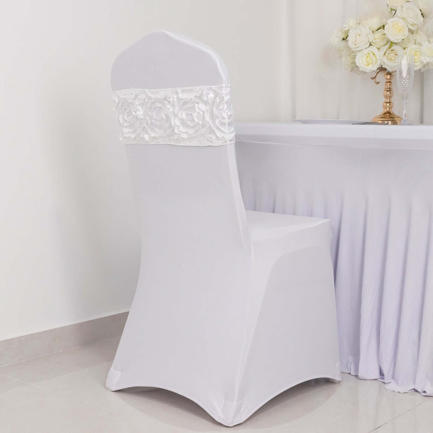 5 Pack Satin Spandex Chair Sashes White - Exquisite Rosette Design Stretch Chair Bands 6"x14"