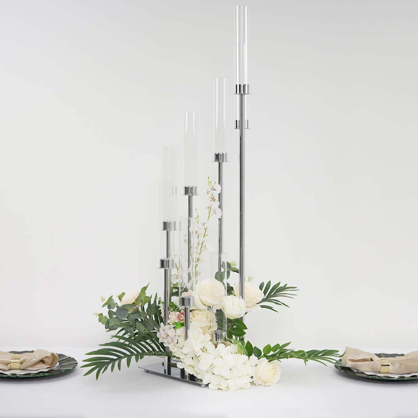 8 Arm Cluster Taper Candle Holder Silver - Stunning Large Candle Arrangement With Clear Glass Shades for Grand Banquets & Celebrations 42"