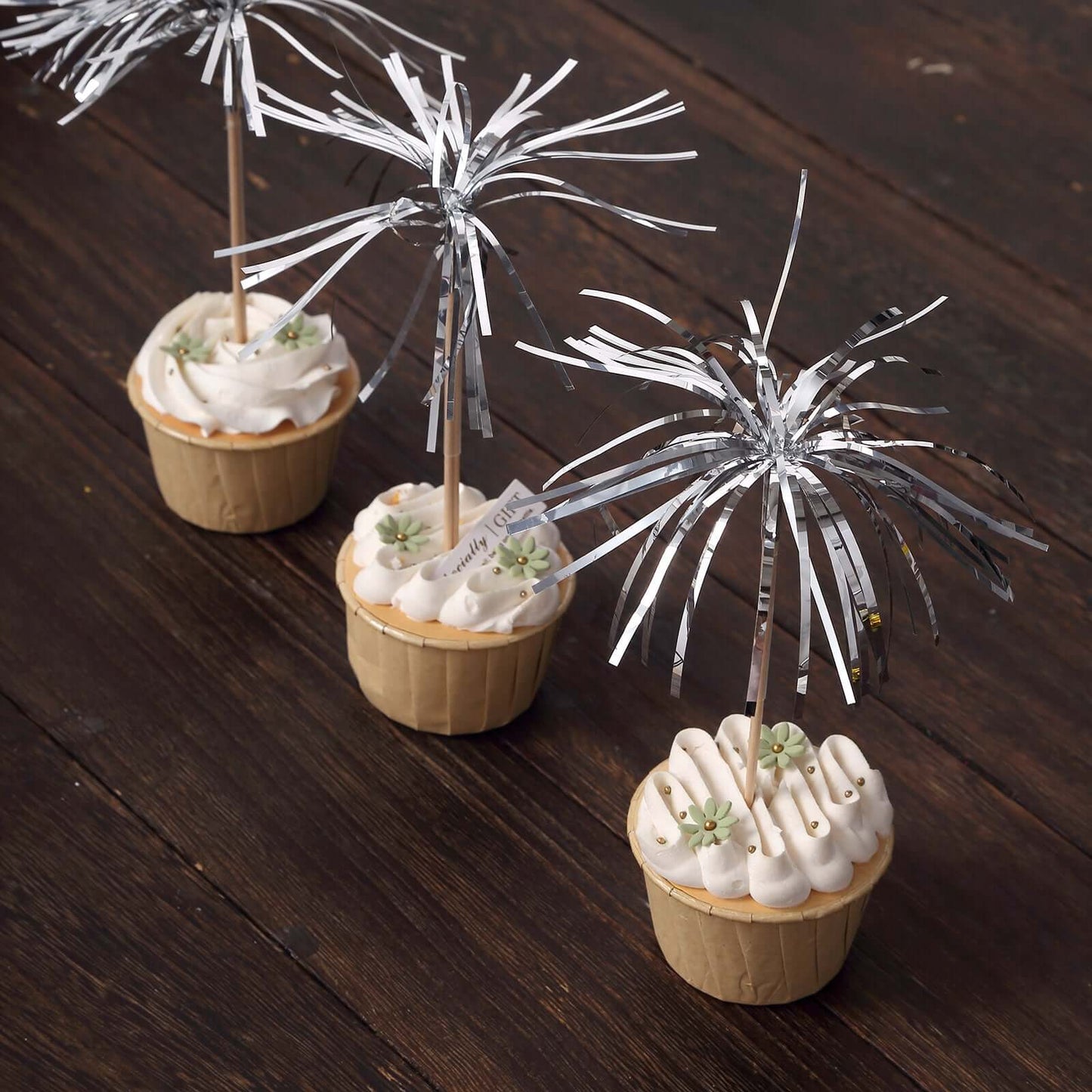 100-Pack Bamboo Cocktail Sticks Firework Cupcake Toppers Silver - Festive Foil Frills Food Picks 9"