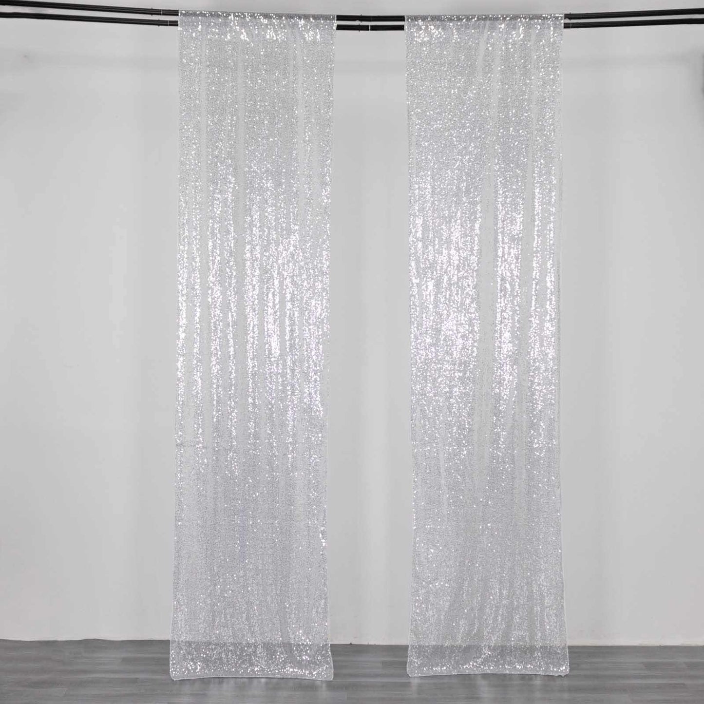 2 Pack Silver Sequin Event Curtain Drapes with Rod Pockets, Seamless Backdrop Event Panels - 8ftx2ft