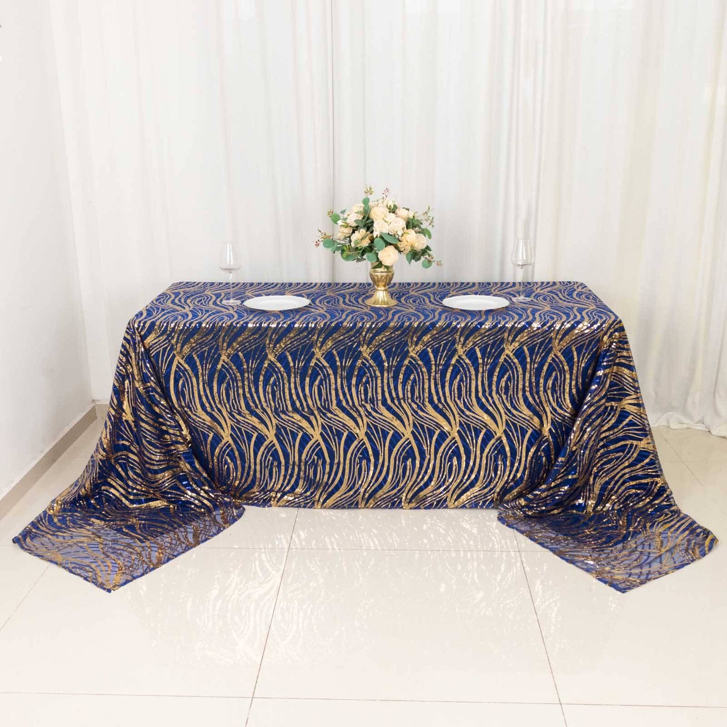Mesh 90"x156" Rectangle Tablecloth Royal Blue/Gold - Wave Sequin Embroidered Table Cover