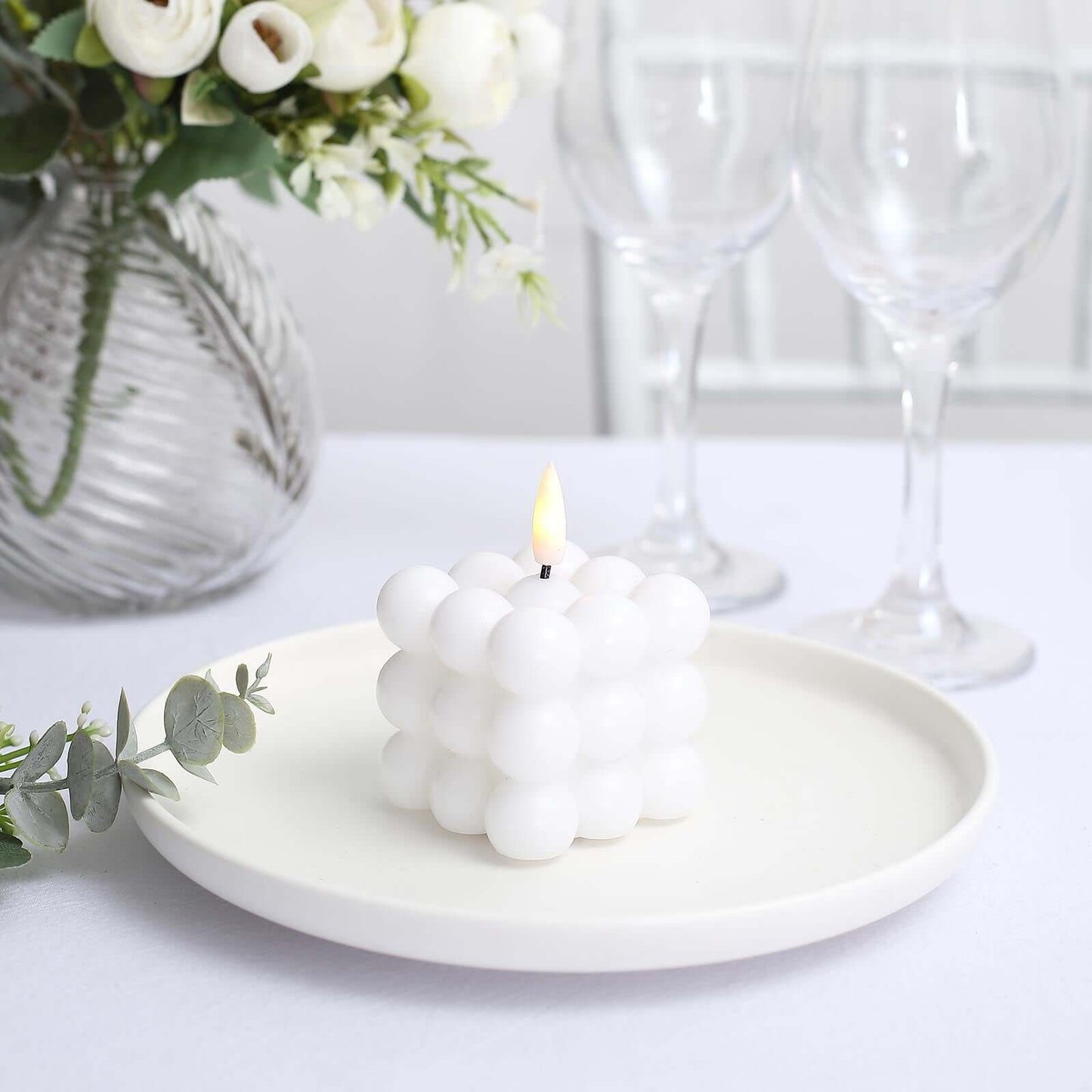 2-Pack LED Flameless Cube Candles Flickering Warm White/White - Battery Operated Bubble Design 2"