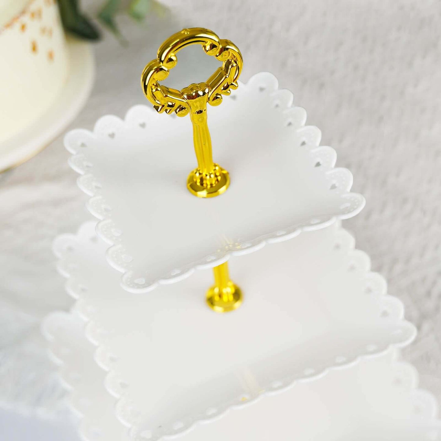 3-Tier Plastic Square Cupcake Stand Tower White - Charming Disposable Dessert Display Serving Tray Platter with Heart Wavy Edge & Gold Top Handle for Tea Parties Weddings & Special Occasions 13"