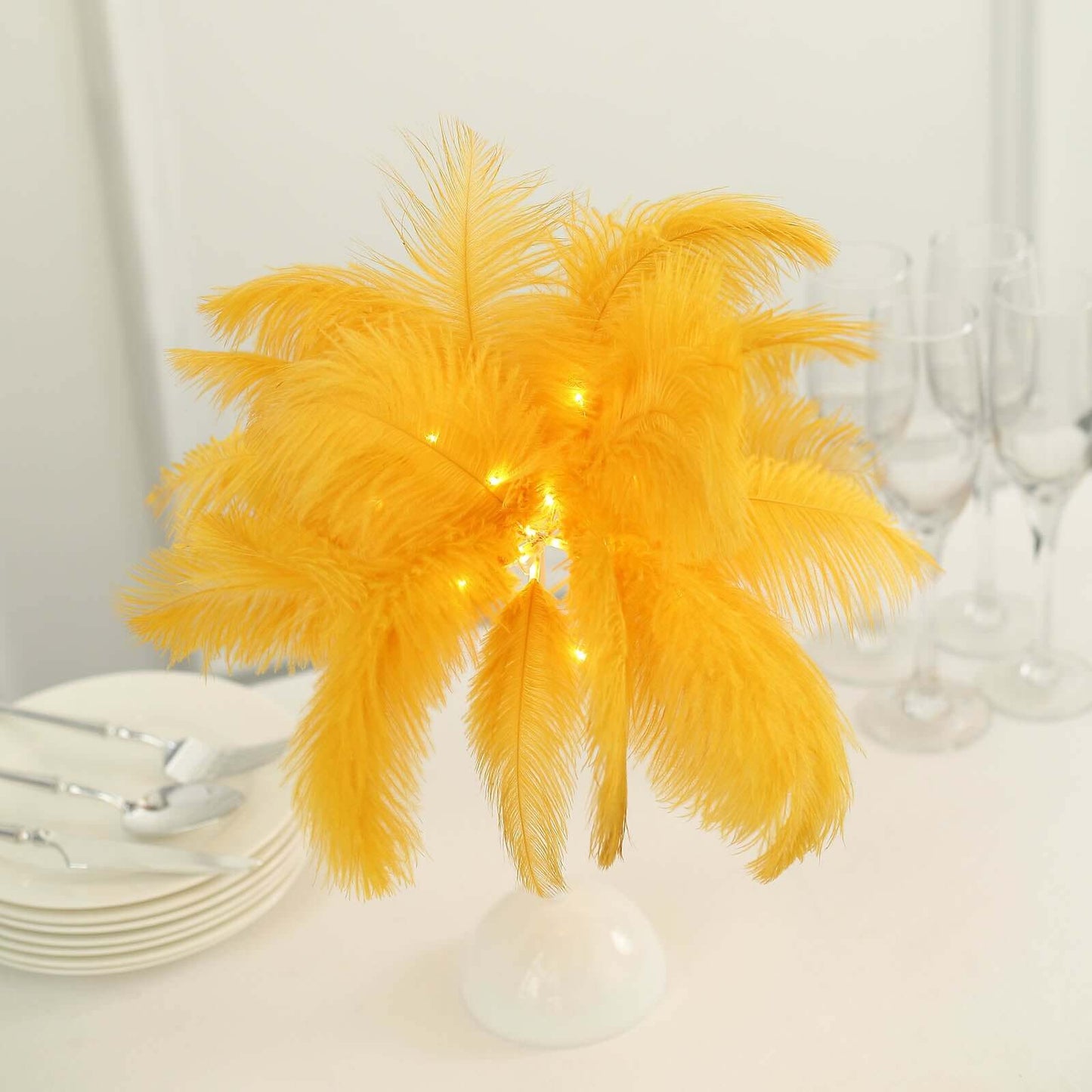 Table Lamp Ostrich Feather Design Gold LED Battery Operated - Cordless Wedding Centerpiece 15"