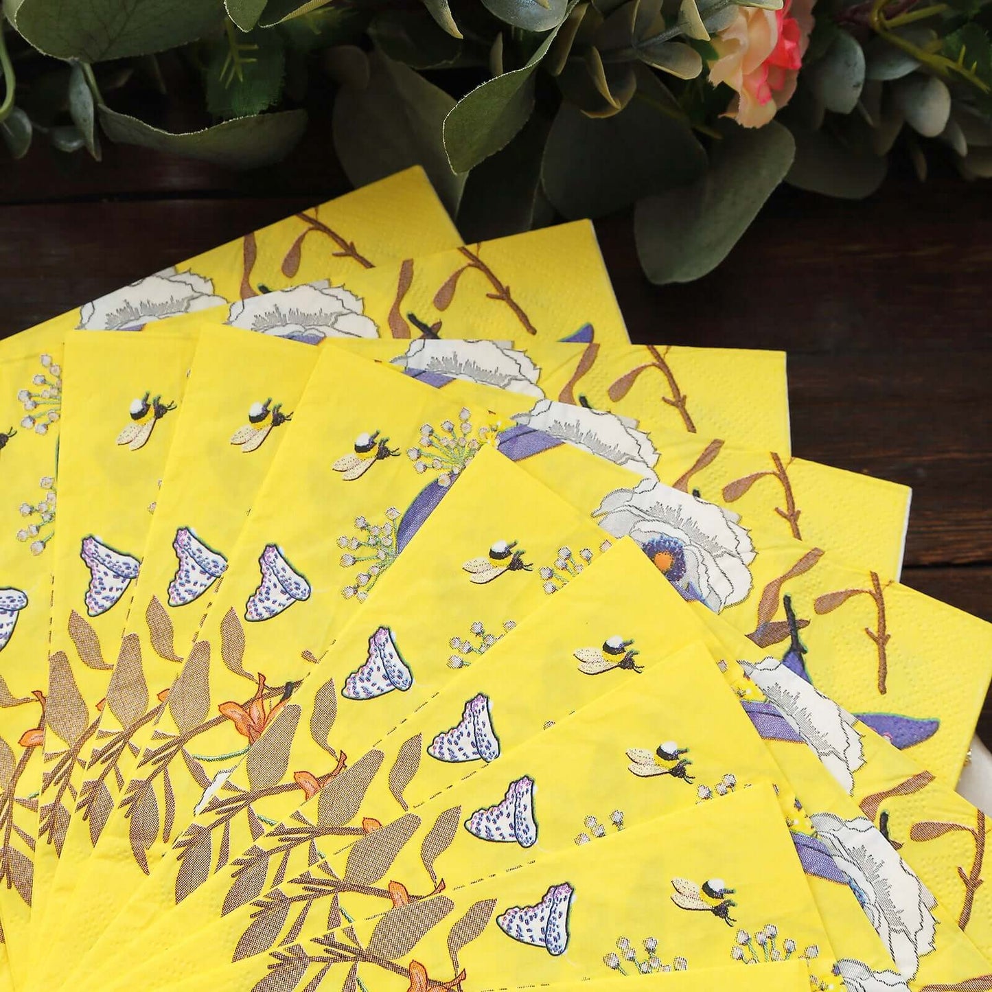 20-Pack Paper Beverage Napkins with Blooming Flowers Design Yellow - 2 Ply Soft 18GSM Floral Wedding Napkins 6.5"x6.5"