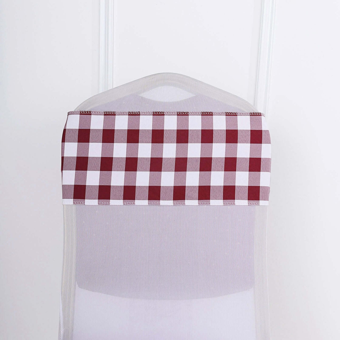 5 Pack Polyester Chair Sashes Burgundy/White Buffalo Plaid - Durable & Reusable Chair Bows 6"x108"