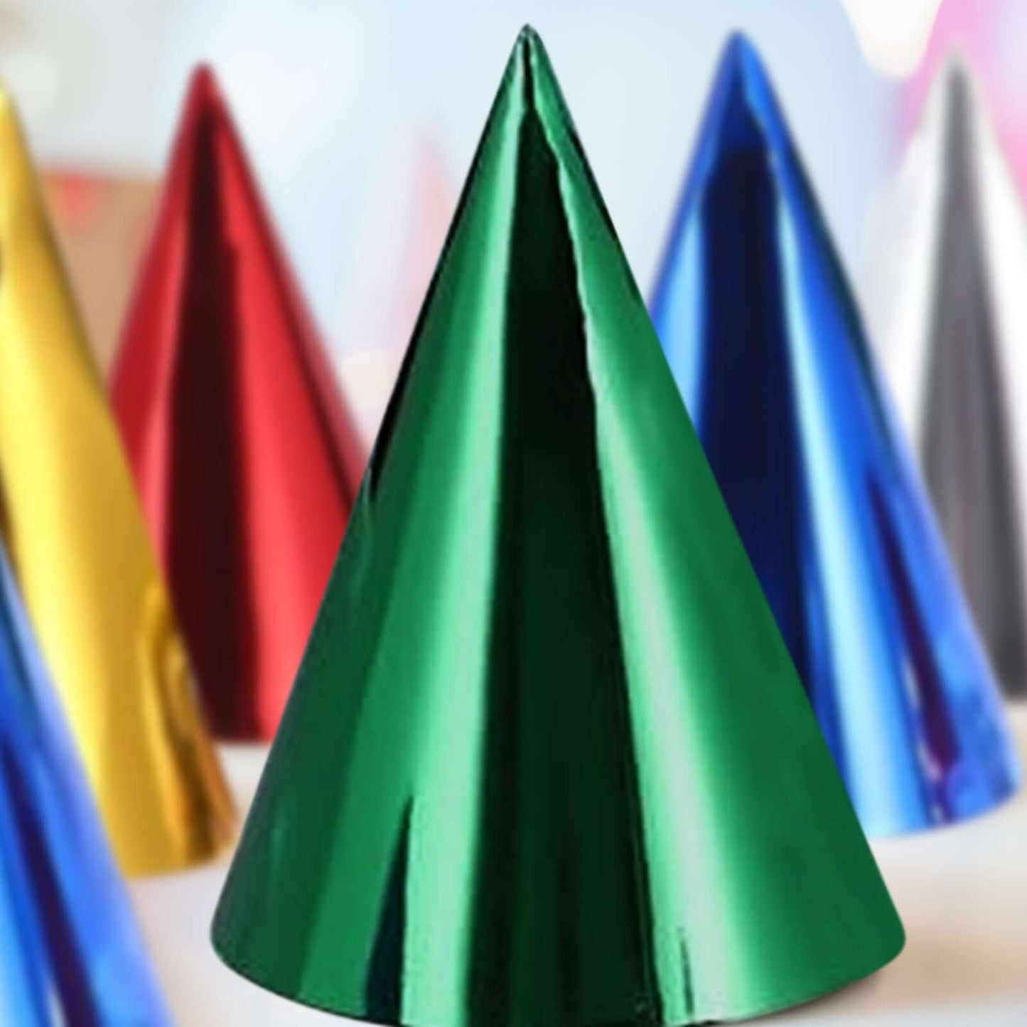 25 Pack Mixed Metallic Foil Cone Party Hats, Pre-Strung Paper Birthday Hats - 5"x7"