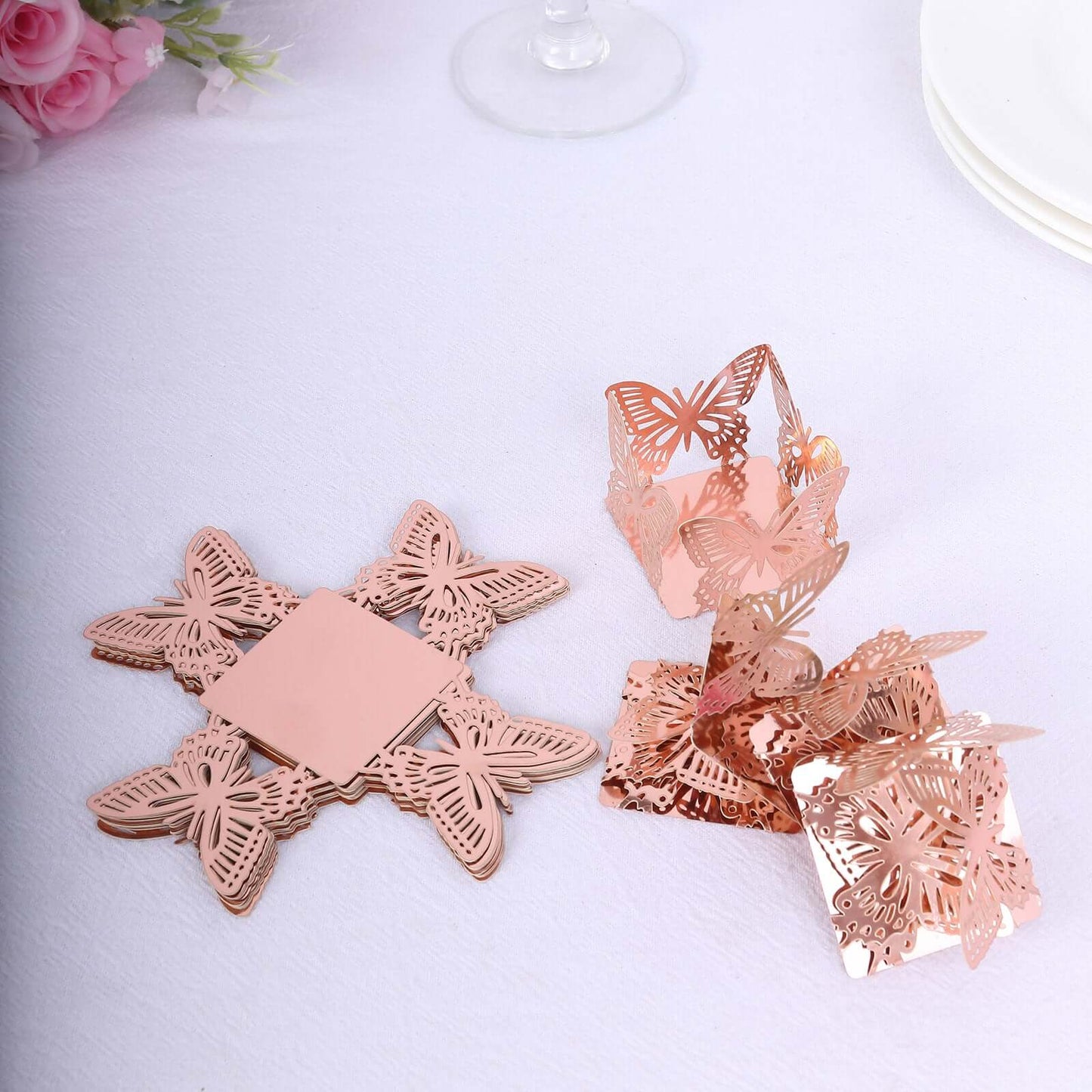 50-Pack Mini Paper Truffle Cup Liners Butterfly Square Design Metallic Rose Gold - 225GSM Cupcake Tray Wrappers 4"