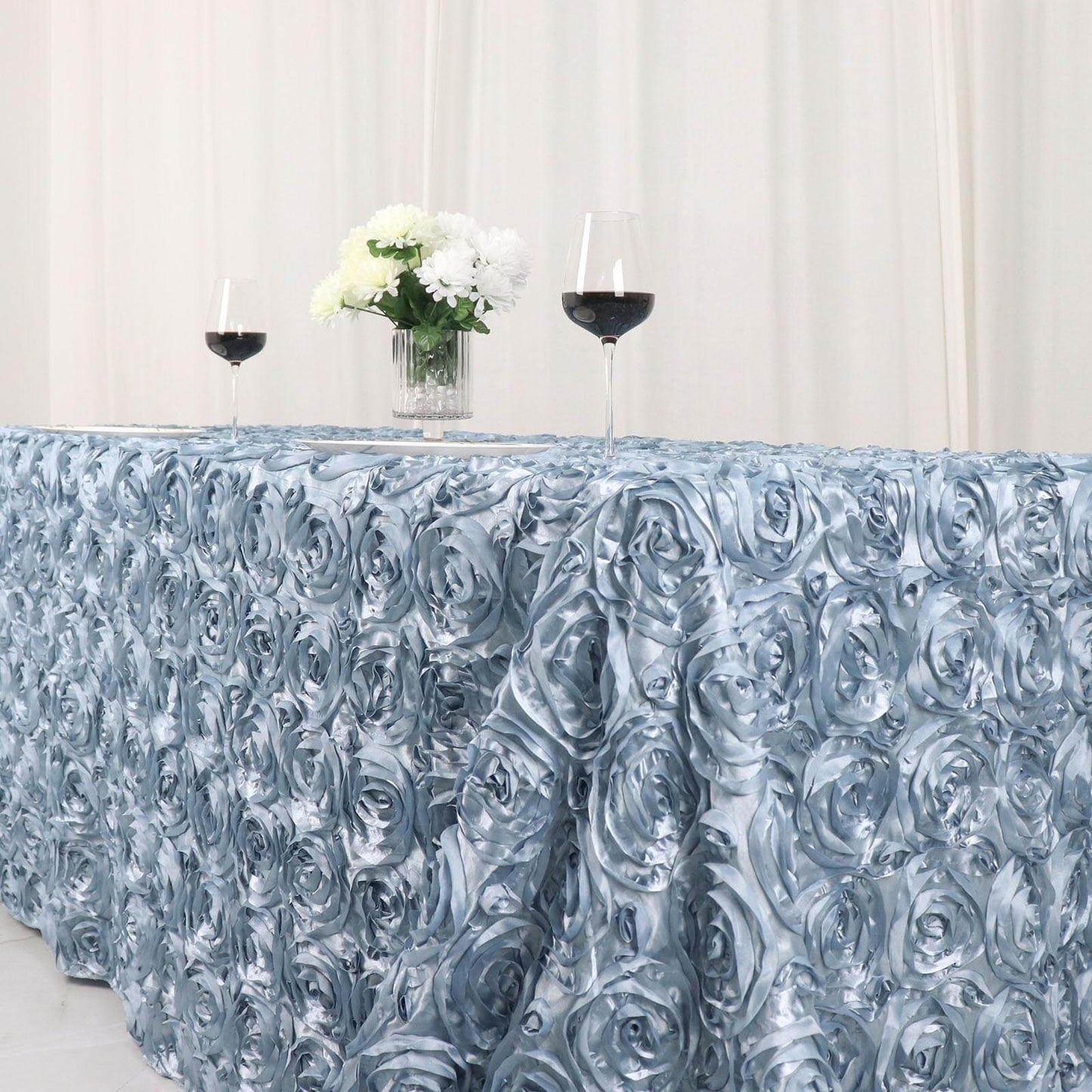 Satin 90"x132" Rectangle Tablecloth Dusty Blue - Grandiose 3D Rosette Seamless Table Cover
