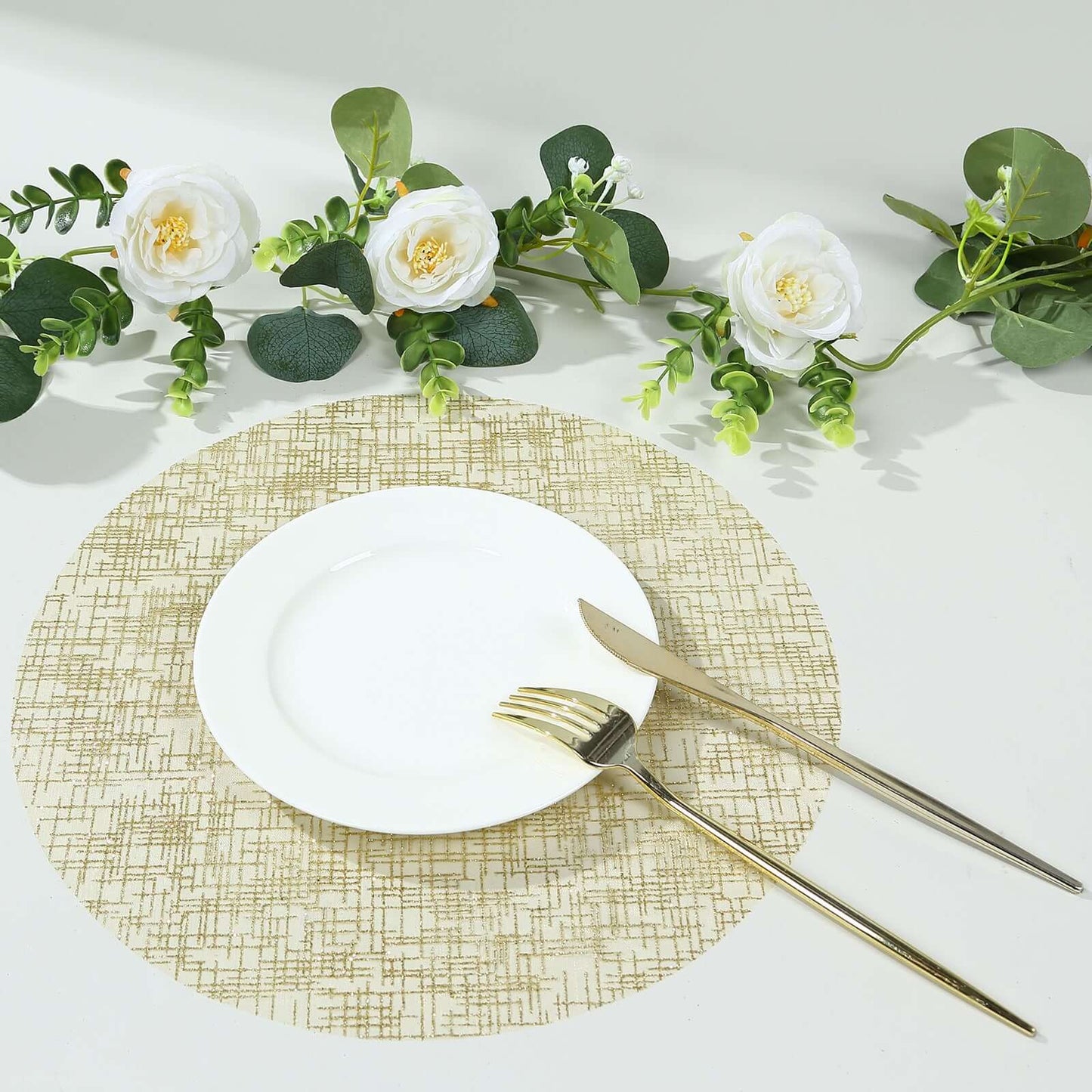 10-Pack Table Placemats Glitter Design Metallic Gold Round - Mesh Polyester Disposable Mats 13"