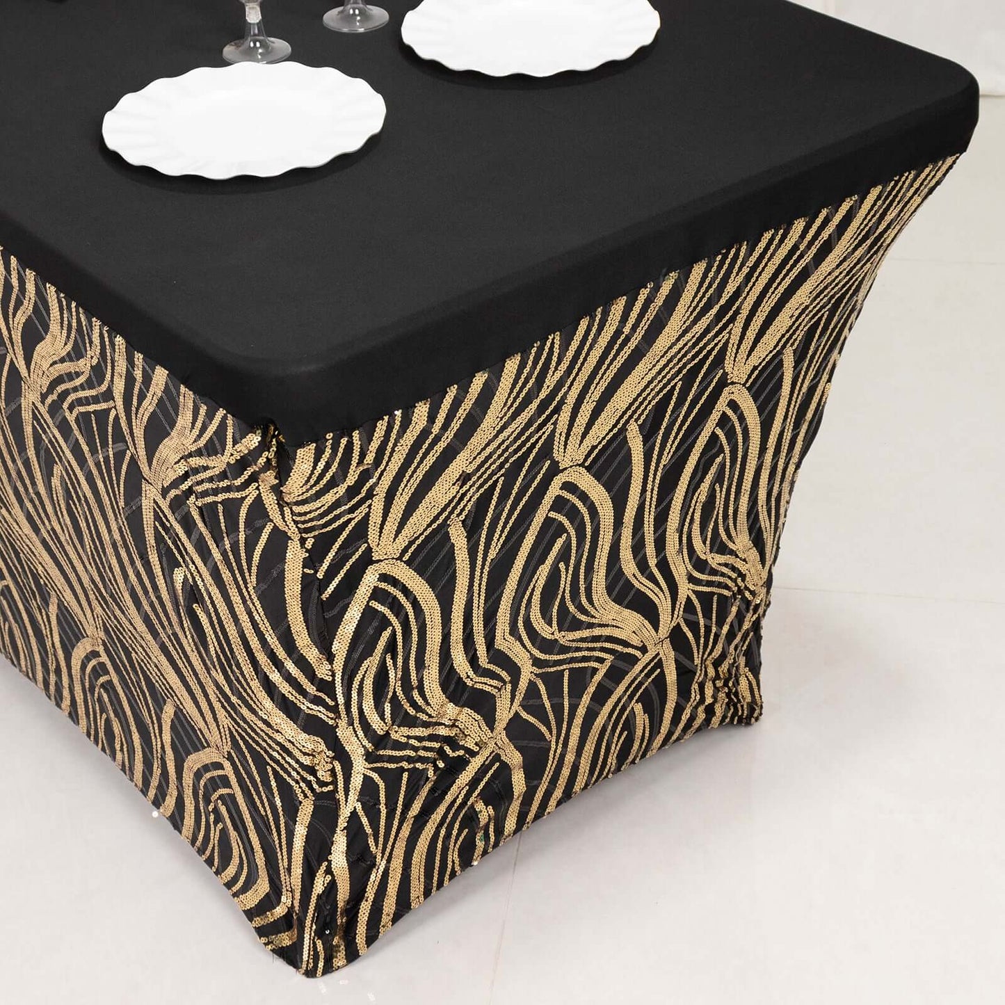 Sequin Stretch Spandex 72"x30" Rectangle Tablecloth Black/Gold Wave Embroidered Design Four-Way Stretch Shimmering Table Cover for Luxe Event Decor
