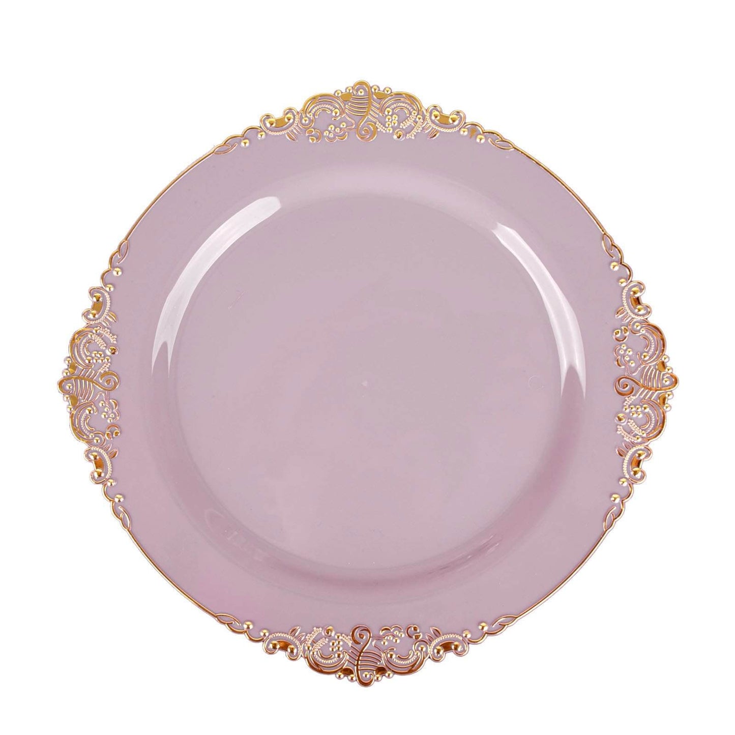 10-Pack Plastic 8" Round Dessert Plates in Lavender Lilac with Gold Leaf Embossed Rim - Disposable Vintage Baroque Style Salad Plates