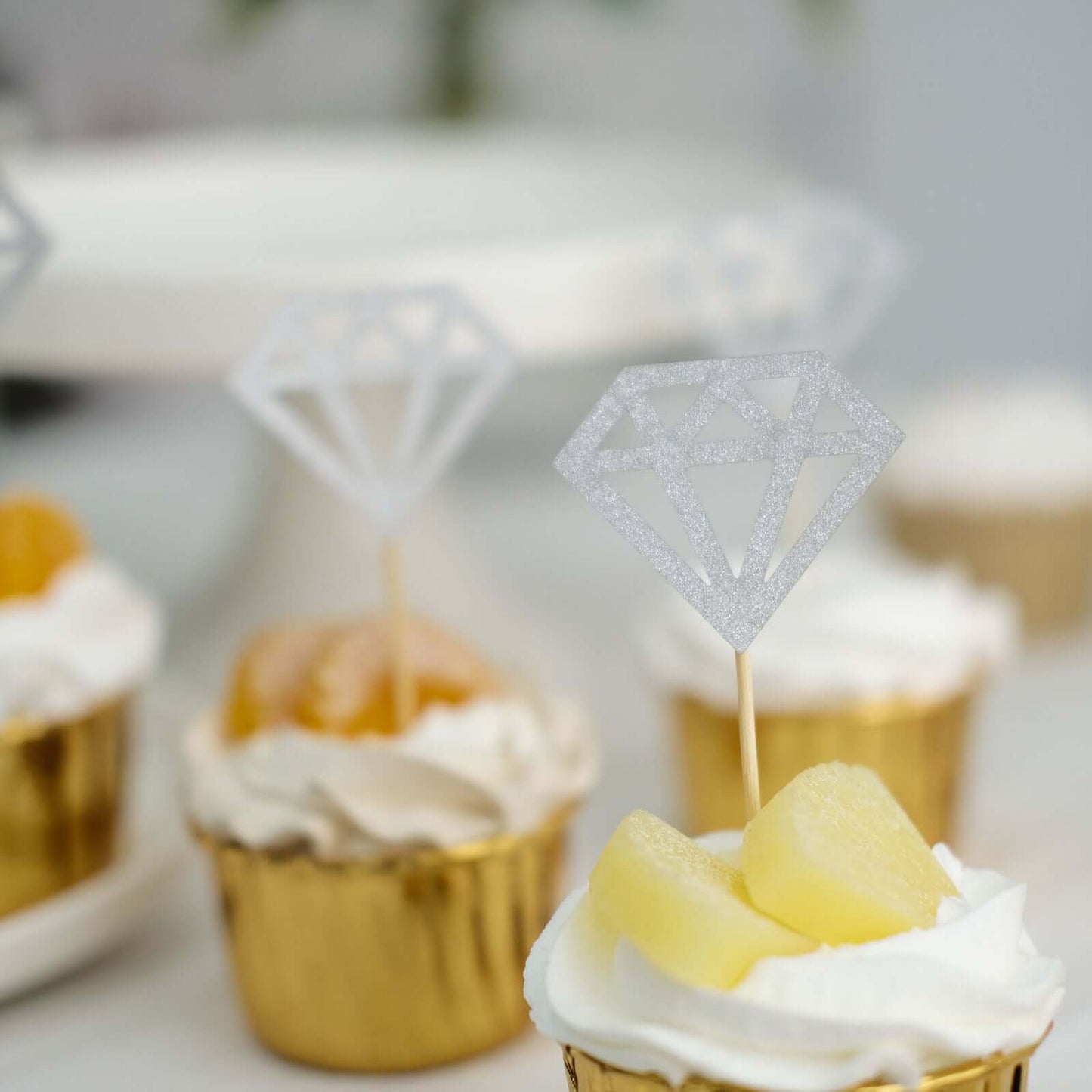 24-Pack Cupcake Toppers Diamond Ring Design Glitter Silver - Party Cake Picks Engagement Decoration Supplies