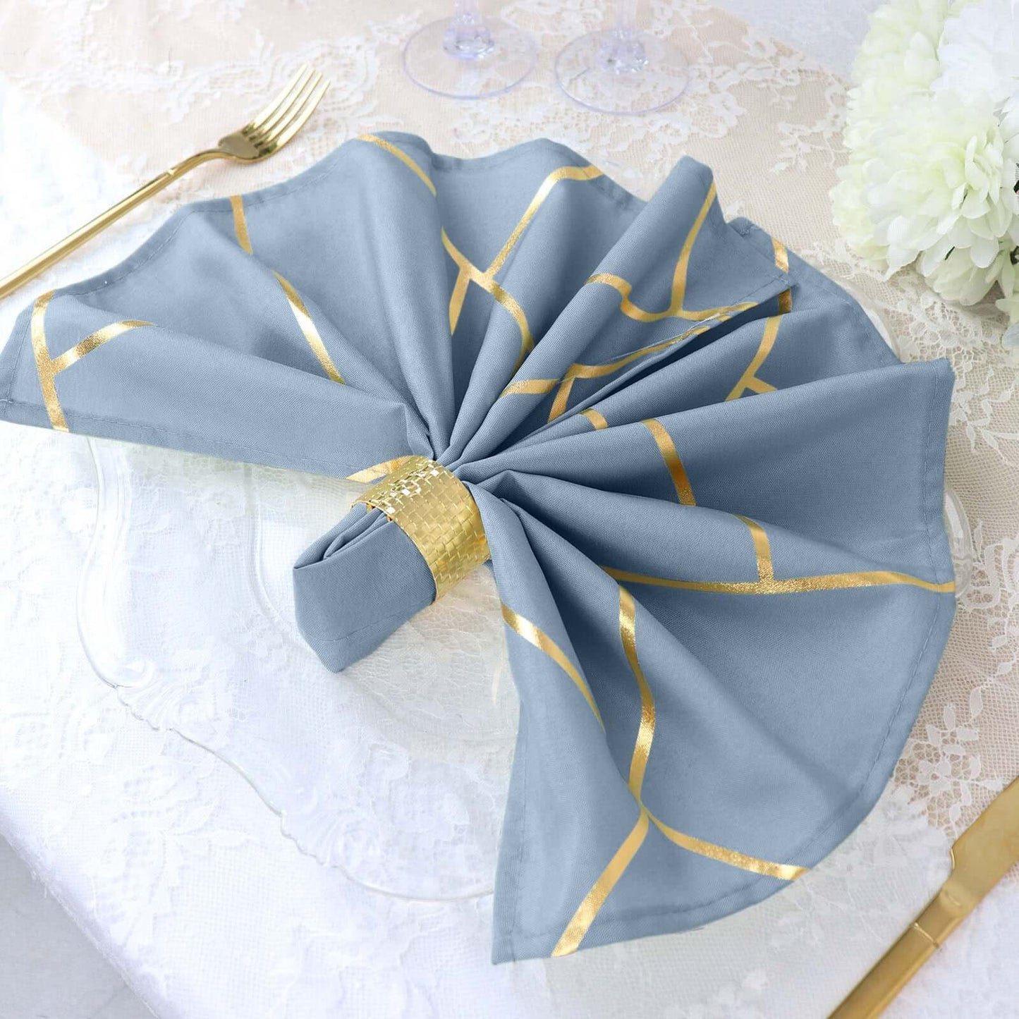 5 Pack Polyester 20"x20" Napkins Dusty Blue with Gold Geometric Foil Pattern - Modern Reusable Dinner Napkins