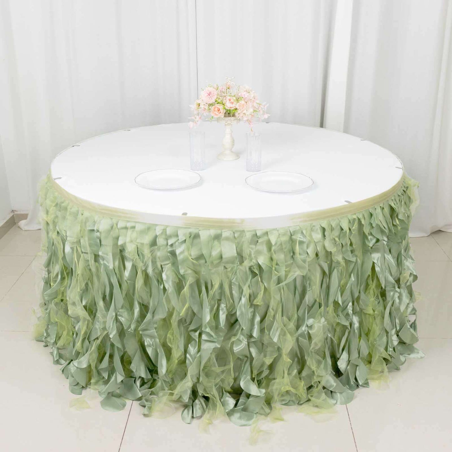 Taffeta 14ft Table Skirt Sage Green - Cascading Curly Willow Style Table Cover