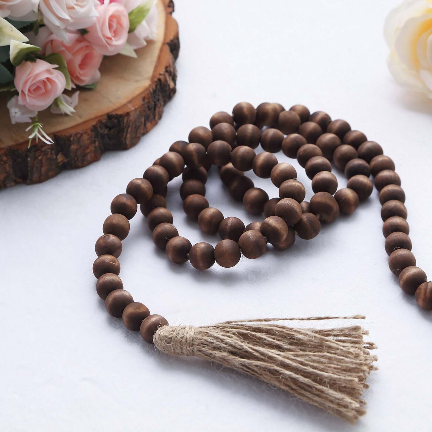 55" Brown Rustic Boho Chic Wood Bead Garland With Tassels, Farmhouse Country Wood Bead Chain